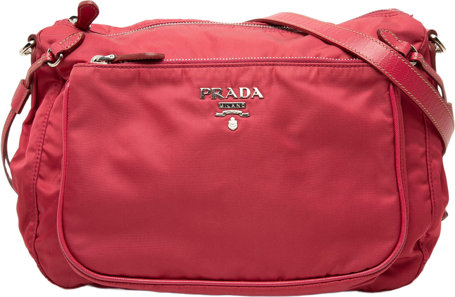 Prada Saffiano Trimmed Tessuto Zip Top Crossbody, från Luxclusif, i färgen röd.