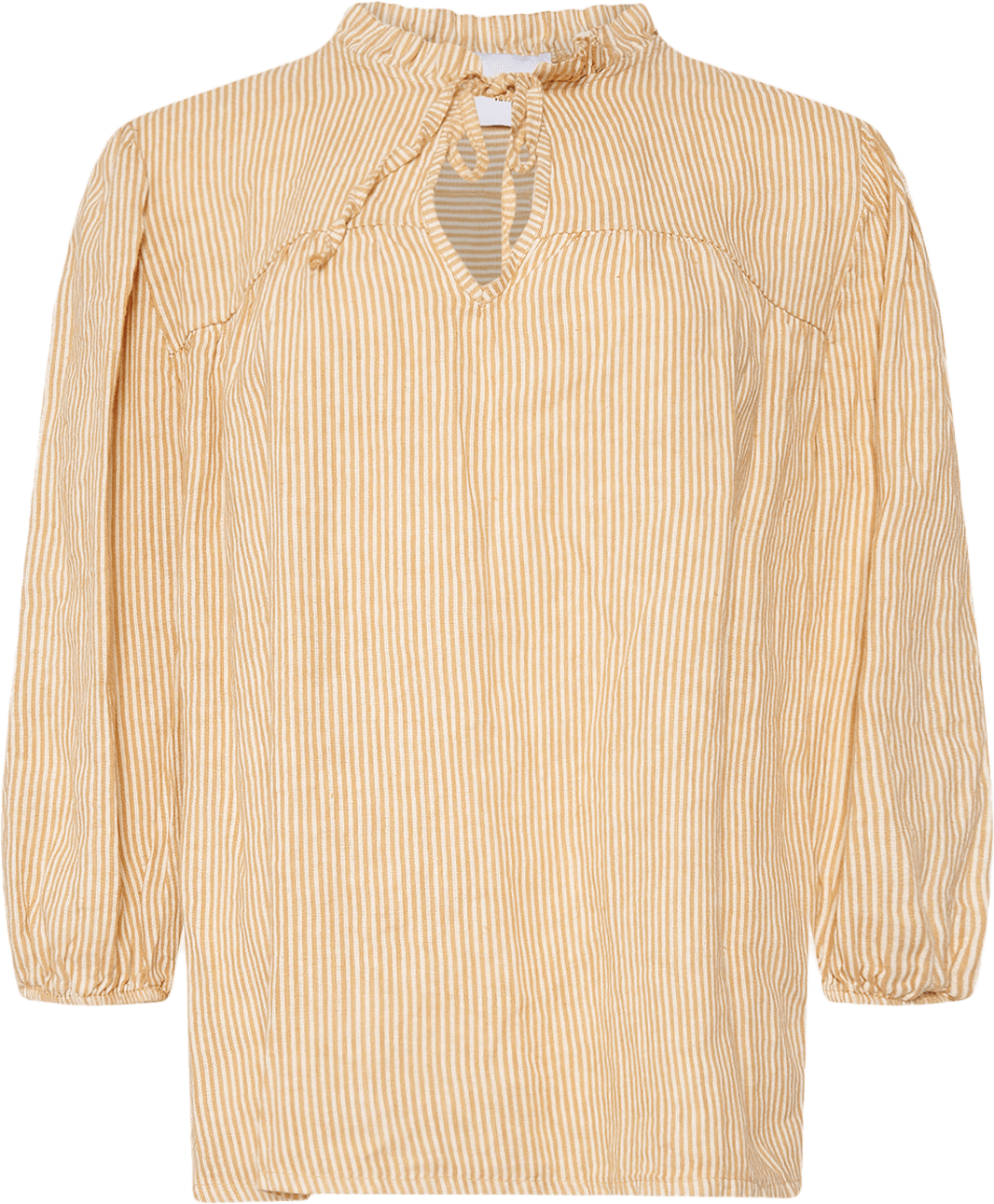 Ella, Frill Neck Blouse Stripe, Linen - New Camel Stripe