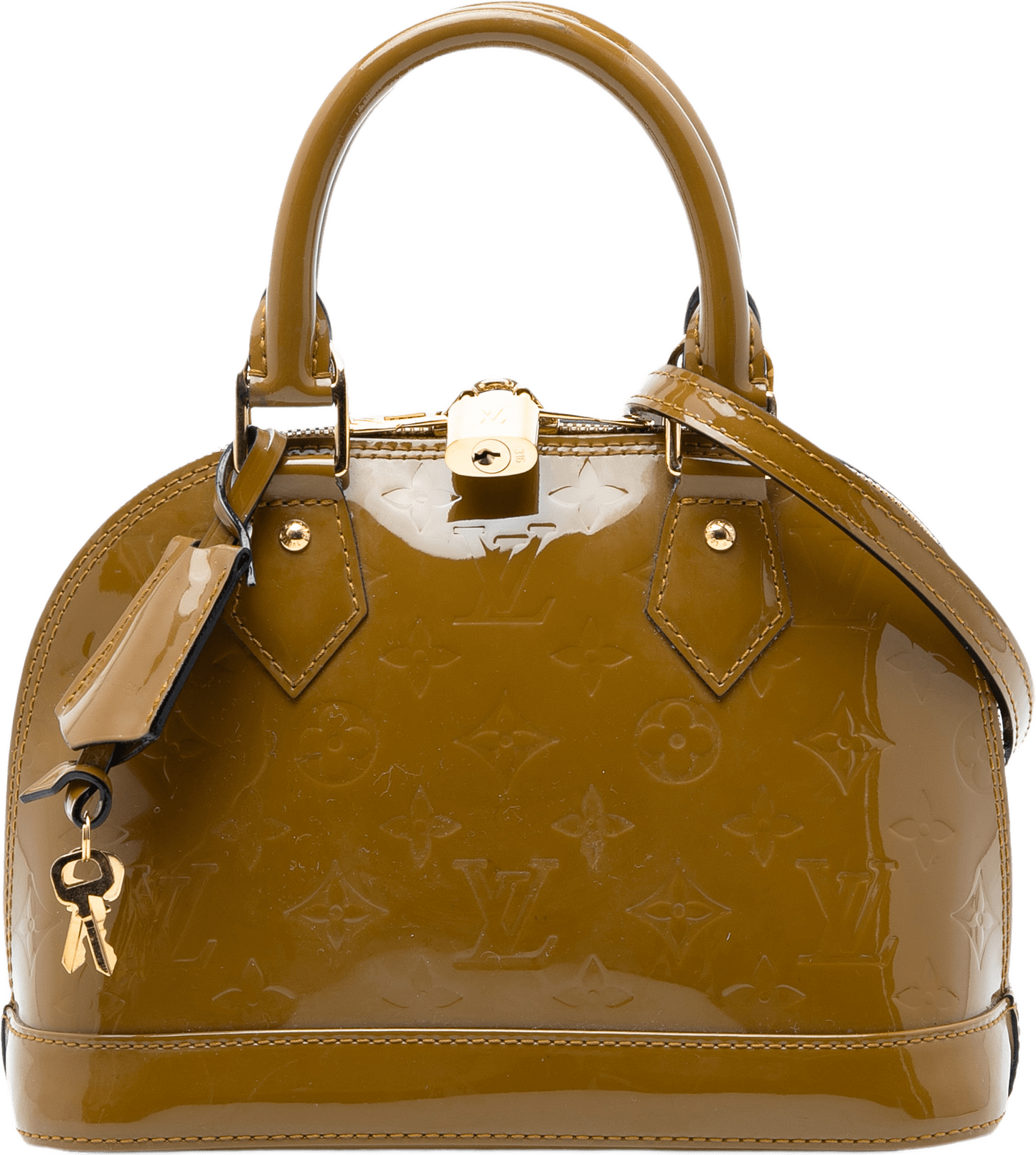 Louis Vuitton Monogram Vernis Alma Bb, från Luxclusif, i färgen olive green.