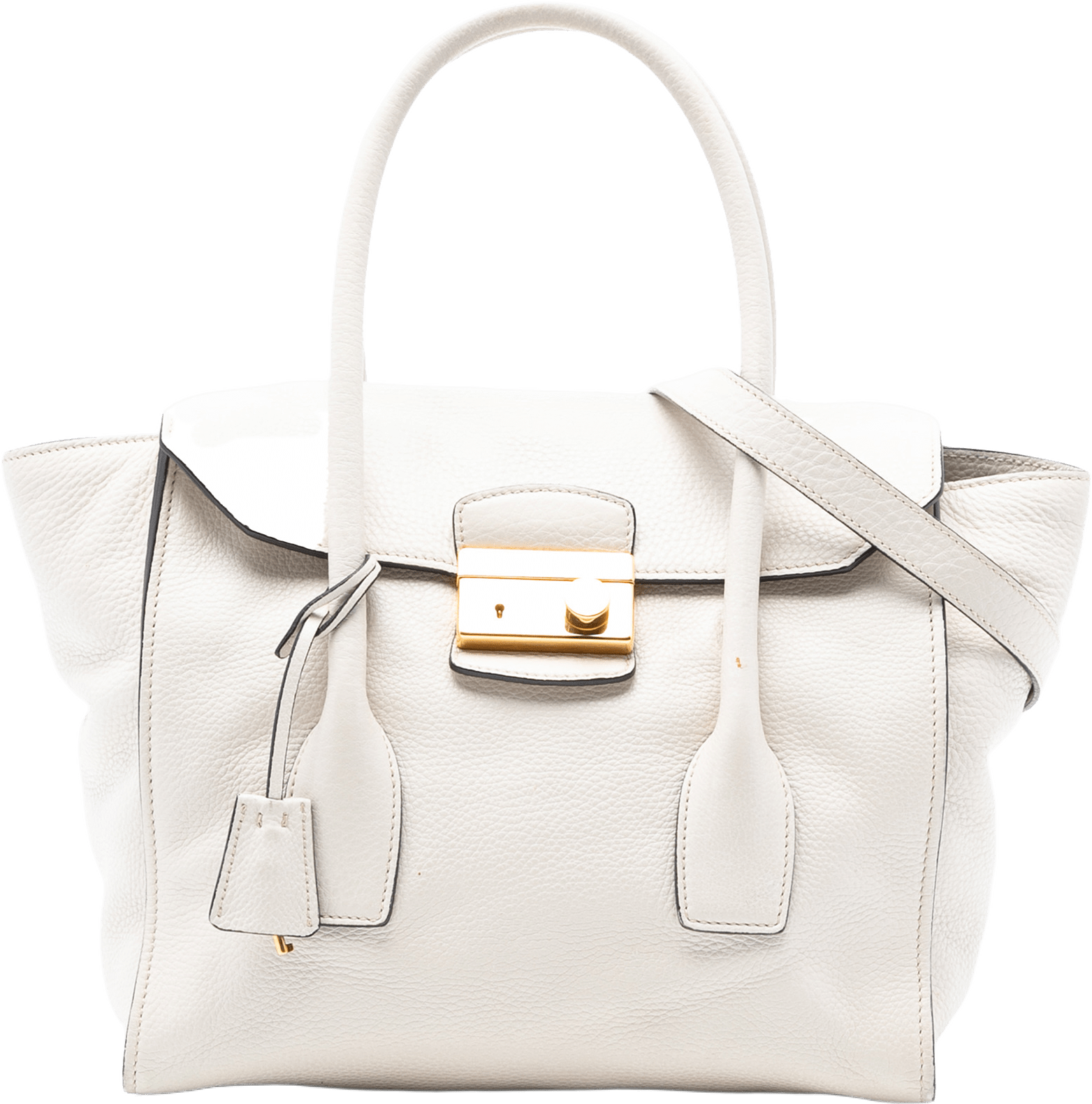 Prada Vitello Daino Sound Lock Satchel, från Luxclusif, i färgen white.