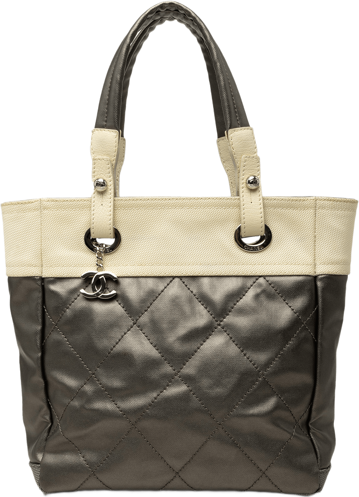 Chanel Small Bicolor Quilted Coated Canvas Paris Biarritz Tote, från Luxclusif, i färgen grå.