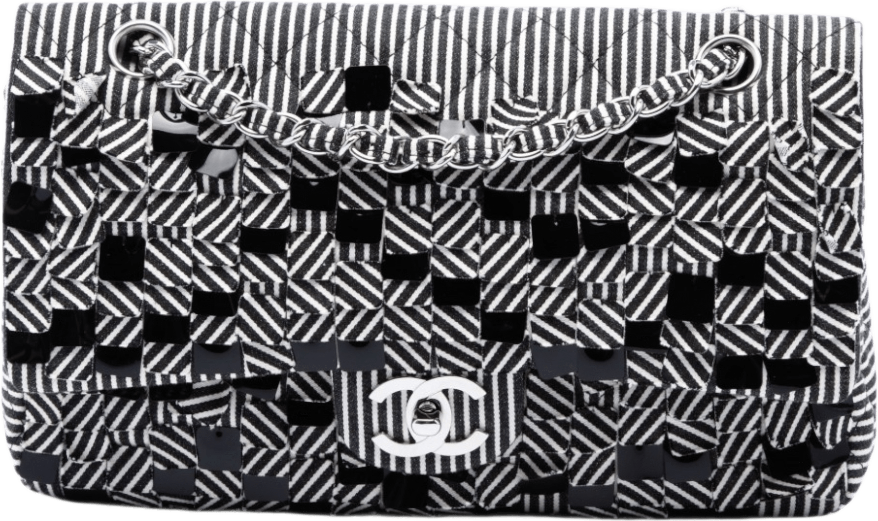 Chanel Medium Classic Canvas Sequin Stripes Double Flap, från Luxclusif, i färgen svart.