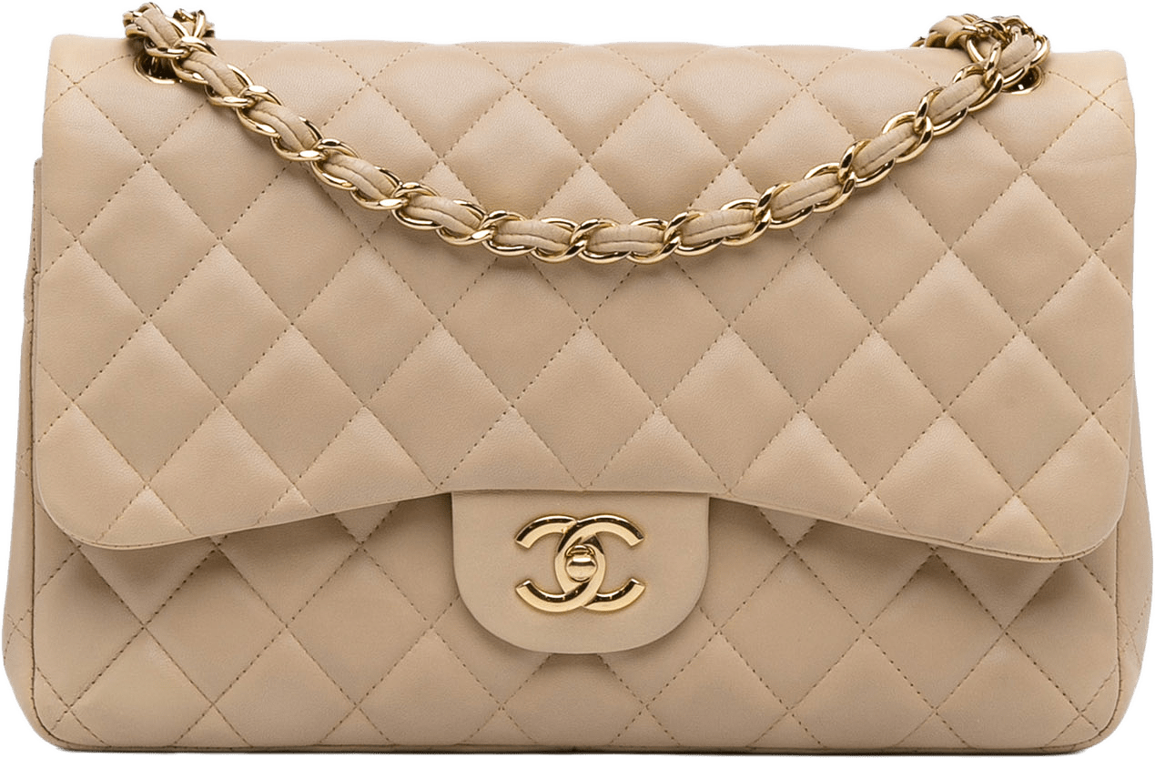 Chanel Jumbo Classic Lambskin Double Flap, från Luxclusif, i färgen beige.