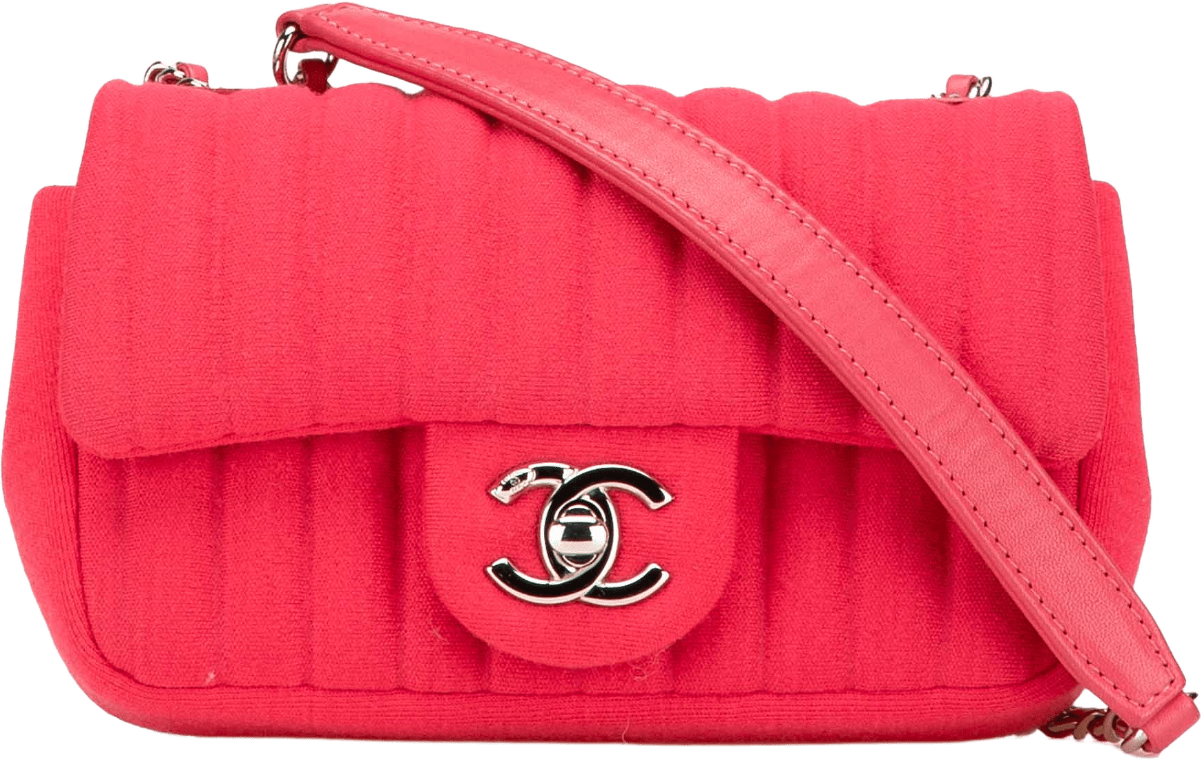 Chanel Mini Vertical Quilted Jersey Single Flap, från Luxclusif, i färgen dark pink.
