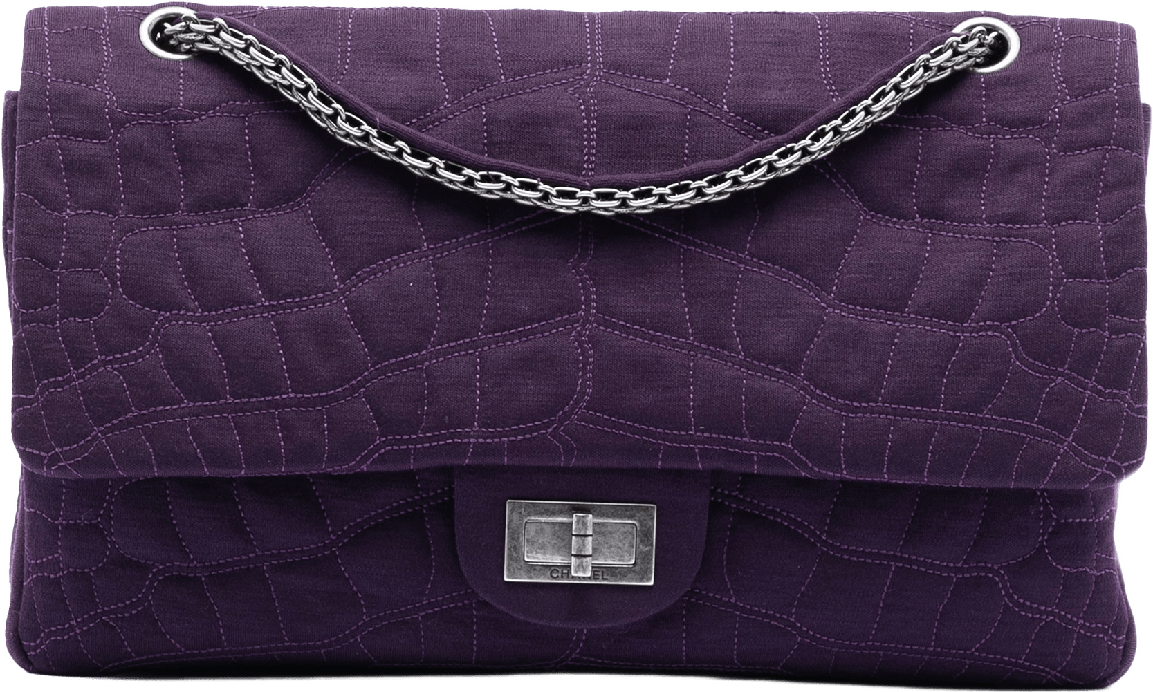 Chanel Quilted Jersey Coco Croc Reissue 2.55 Double Flap 227, från Luxclusif, i färgen dark purple.