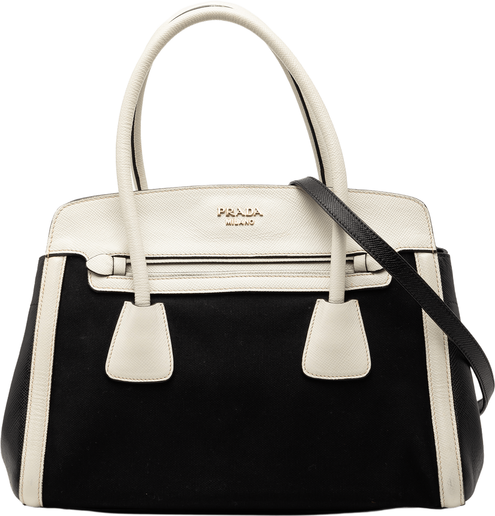 Prada Bicolor Saffiano Cuir Trimmed Canvas Satchel, från Luxclusif, i färgen black.