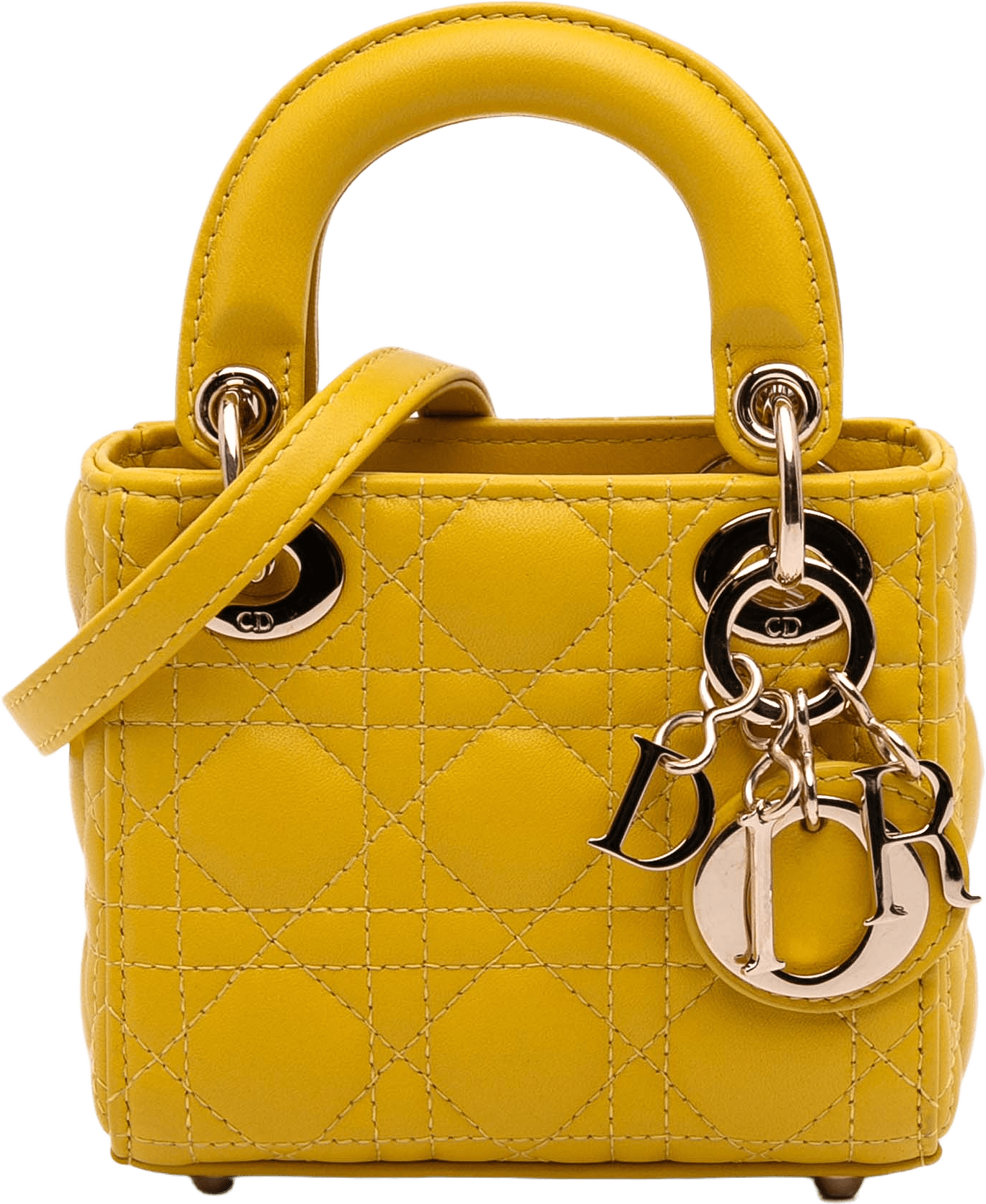 Dior Micro Lambskin Cannage Lady Dior, från Luxclusif, i färgen mustard.