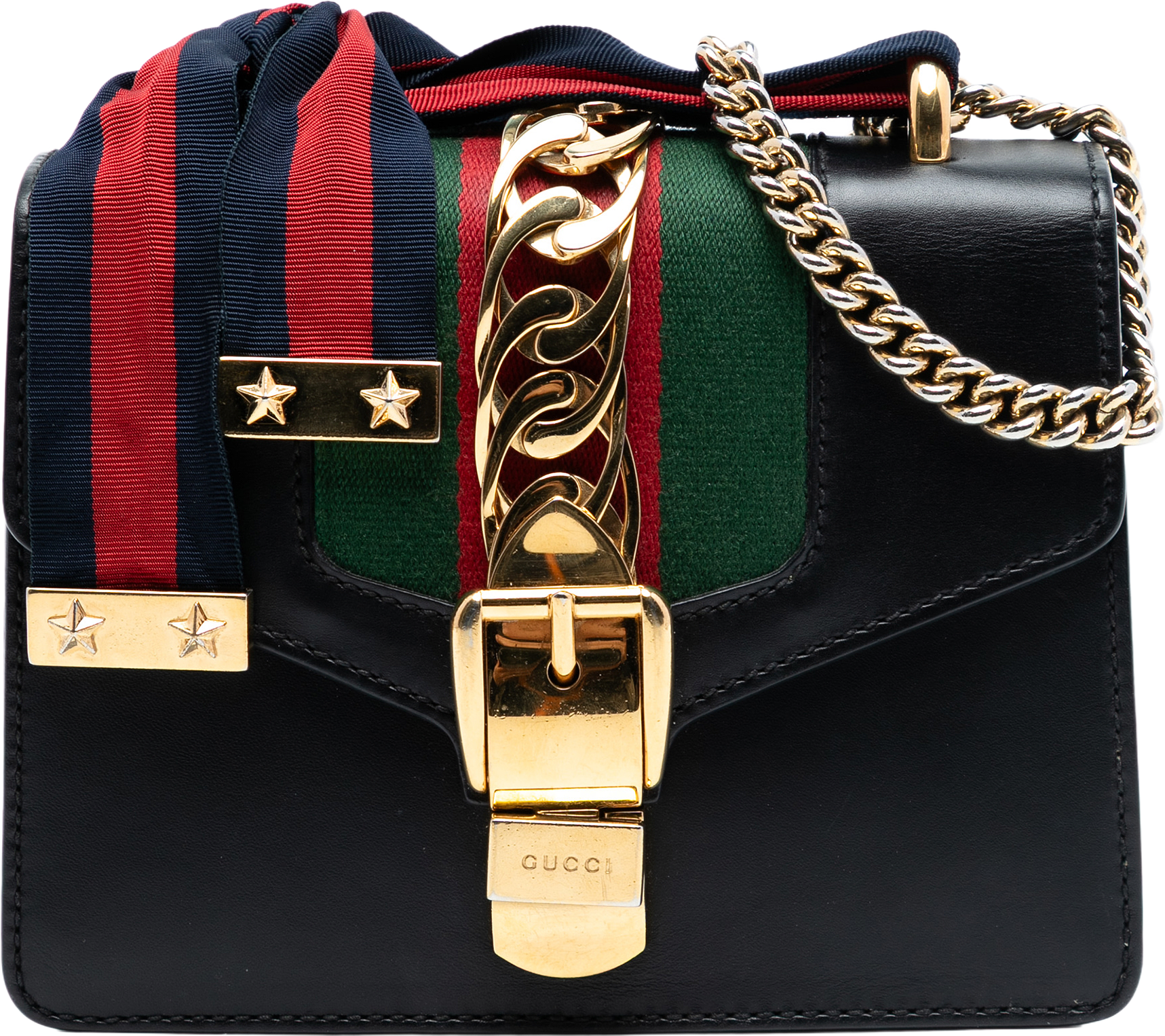 Gucci Mini Leather Web Sylvie Chain Crossbody, från Luxclusif, i färgen black.