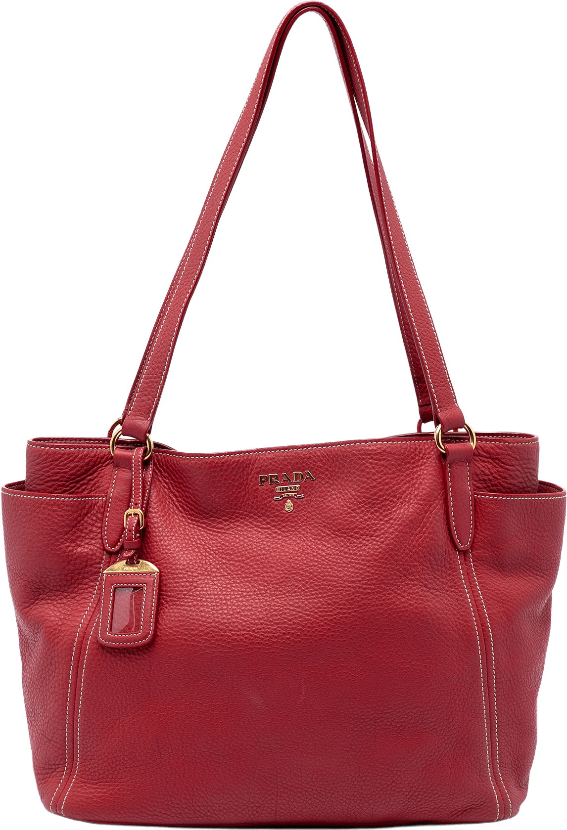 Prada Vitello Daino Double Pocket Tote, från Luxclusif, i färgen red.