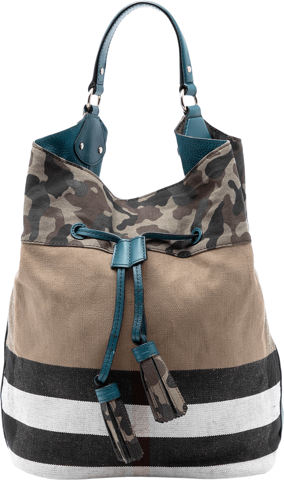 Burberry Mega Check Canvas Camouflage Susanna Tassel Bucket Bag, från Luxclusif, i färgen light brown.