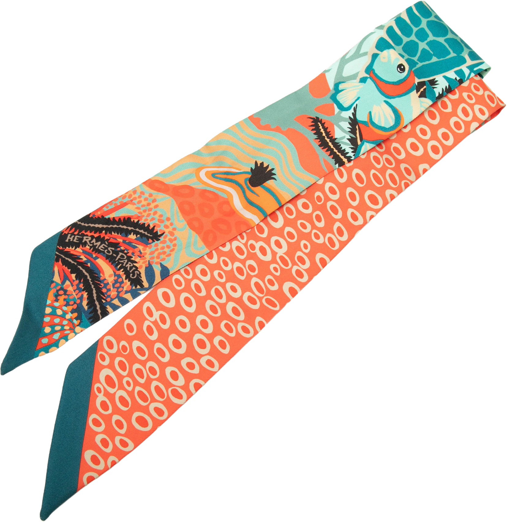 Hermès Under The Waves Silk Twilly Scarf, från Luxclusif, i färgen orange.