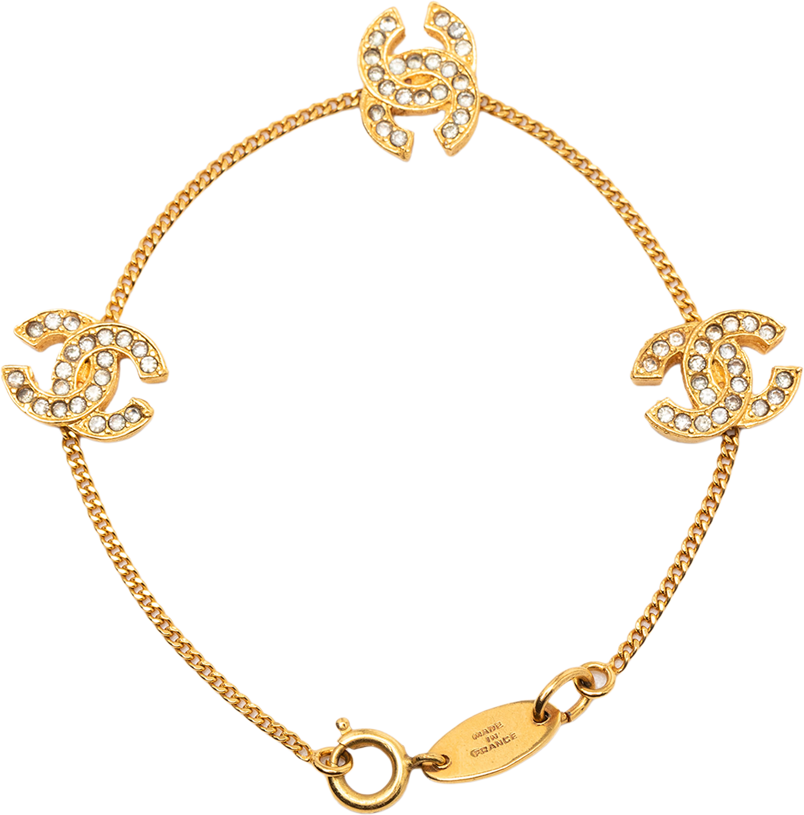 Chanel Gold Plated Rhinestone Cc Charm Bracelet, från Luxclusif, i färgen gold.