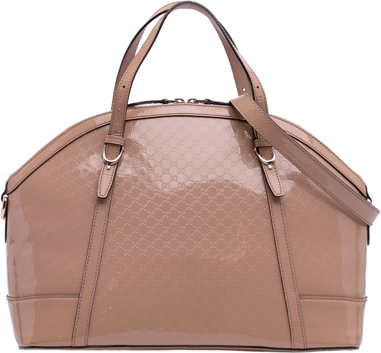 Gucci Large Microguccissima Patent Dome Satchel, från Luxclusif, i färgen beige.