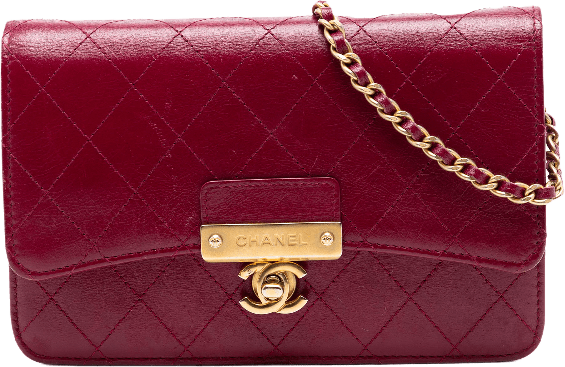 Chanel Stitched Goatskin Golden Cc Wallet On Chain, från Luxclusif, i färgen dark red.