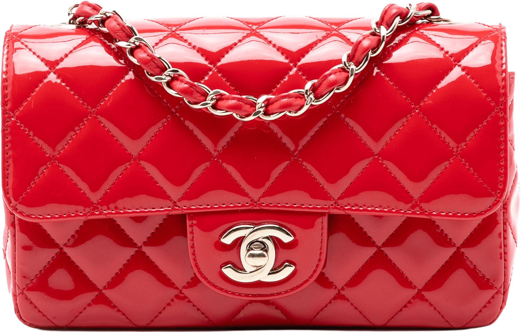 Chanel Mini Rectangular Classic Patent Single Flap, från Luxclusif, i färgen red.