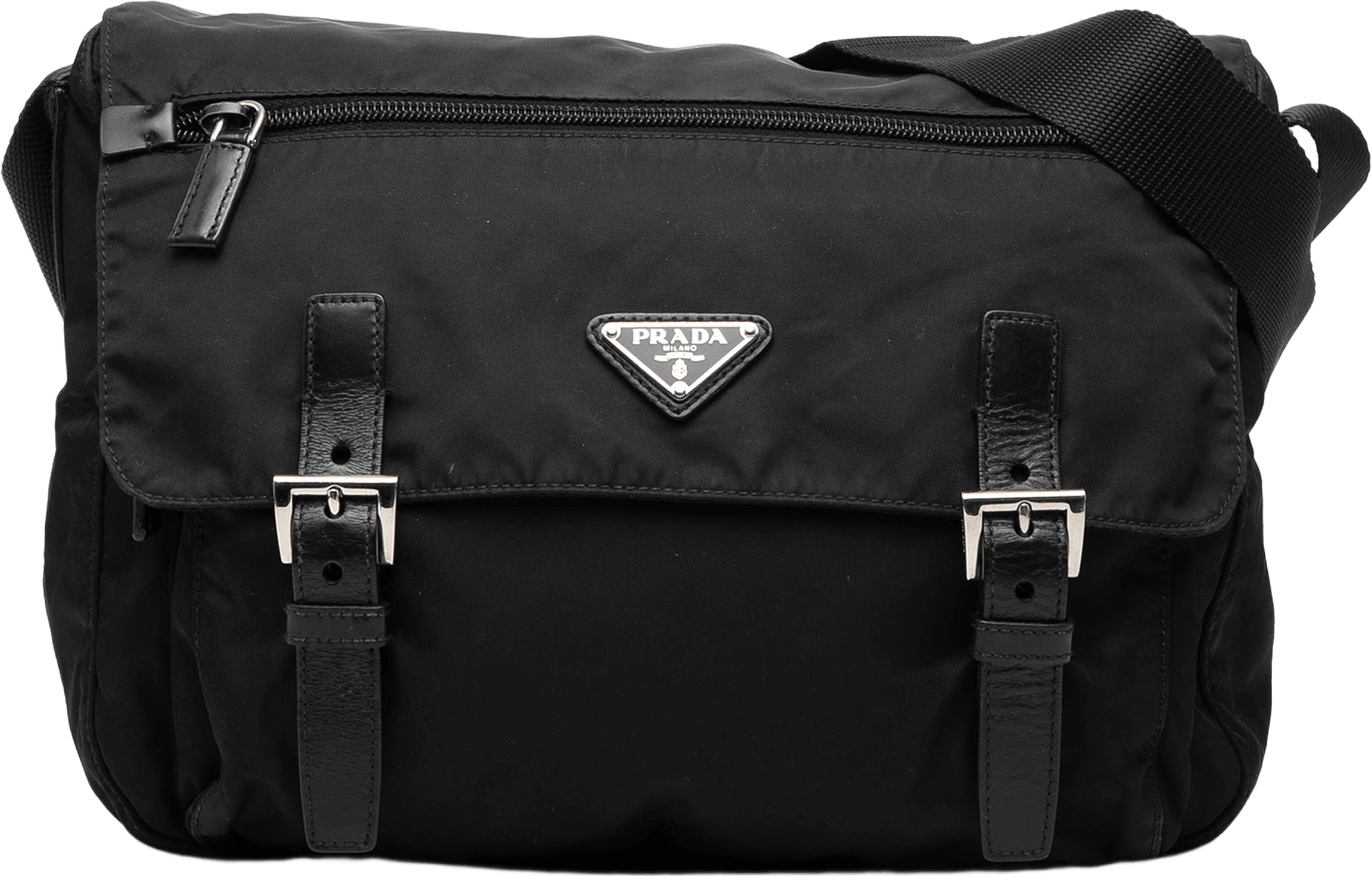 Prada Tessuto Zip Double Buckle Messenger Bag, från Luxclusif, i färgen black.