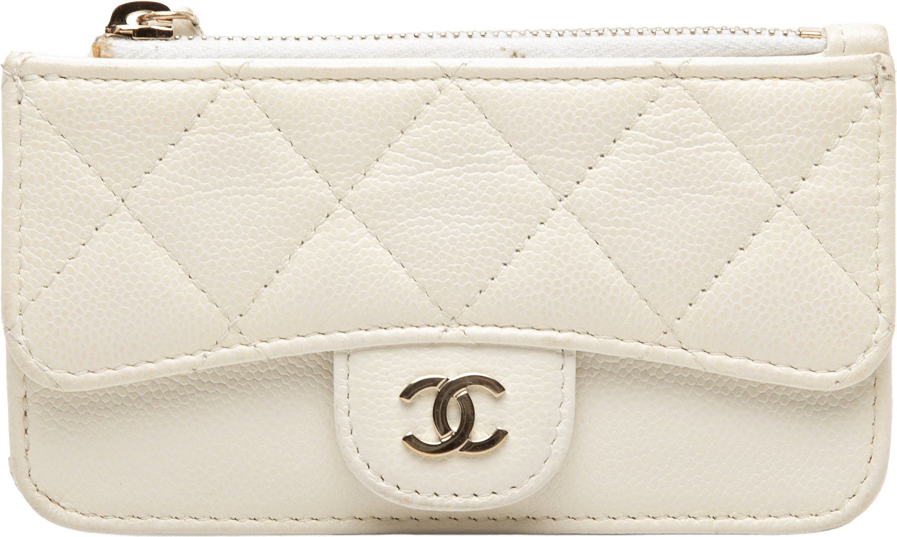 Chanel Cc Quilted Caviar Flap Zip Card Holder, från Luxclusif, i färgen ivory.
