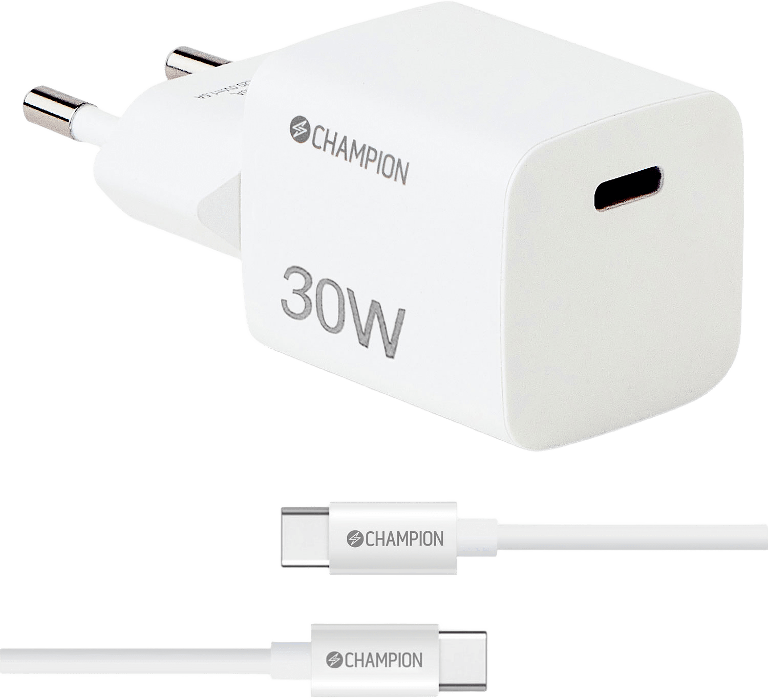 Laddare 30w + Usb-c Kabel, från Champion Nordic, i färgen vit.