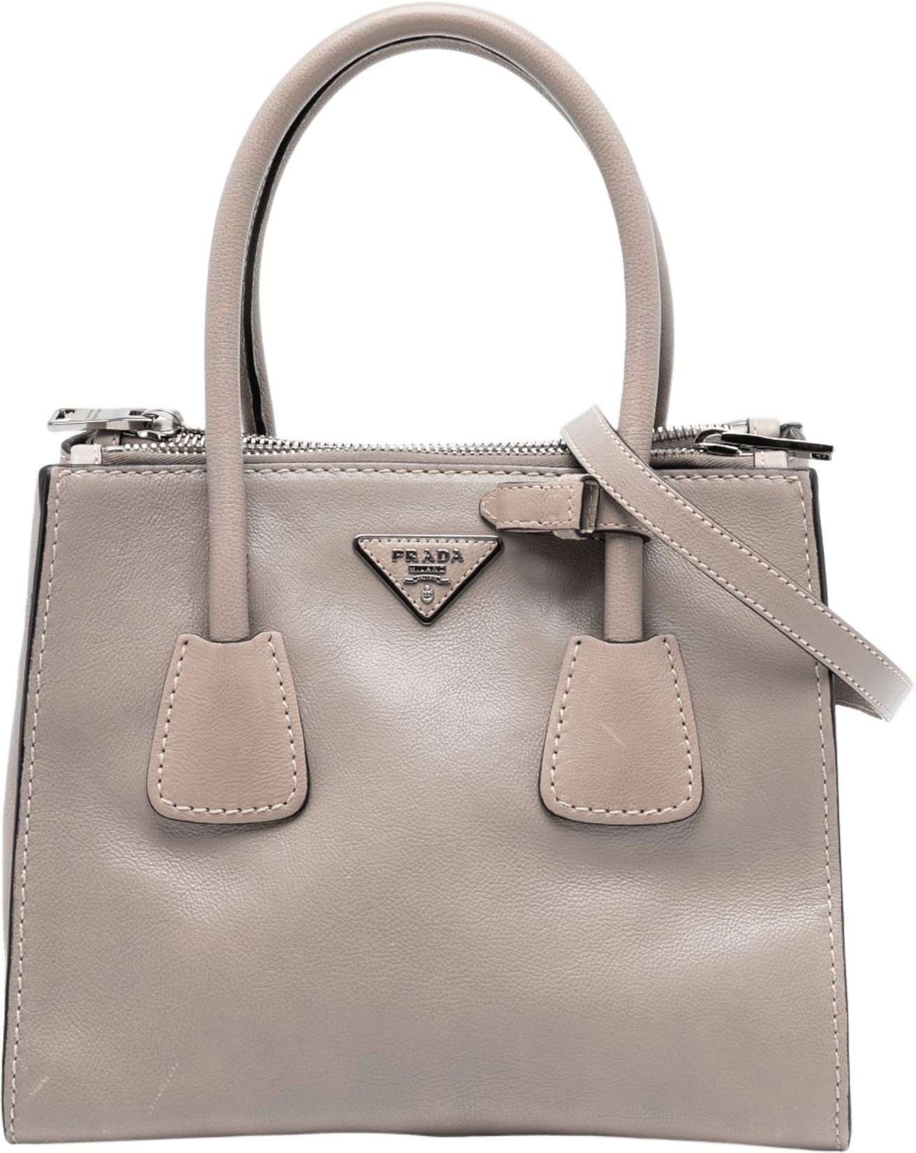 Prada Small City Calf Twin Pocket Satchel, från Luxclusif, i färgen taupe.