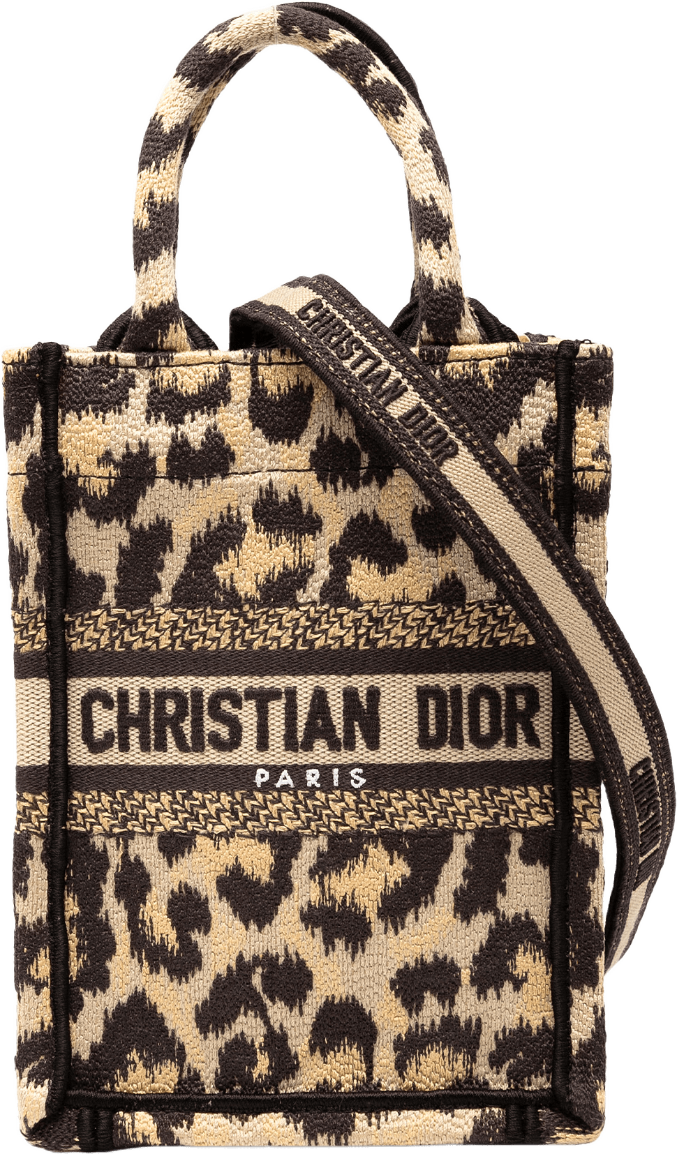 Dior Mizza Mini Embroidered Canvas Leopard Vertical Book Tote, från Luxclusif, i färgen beige.