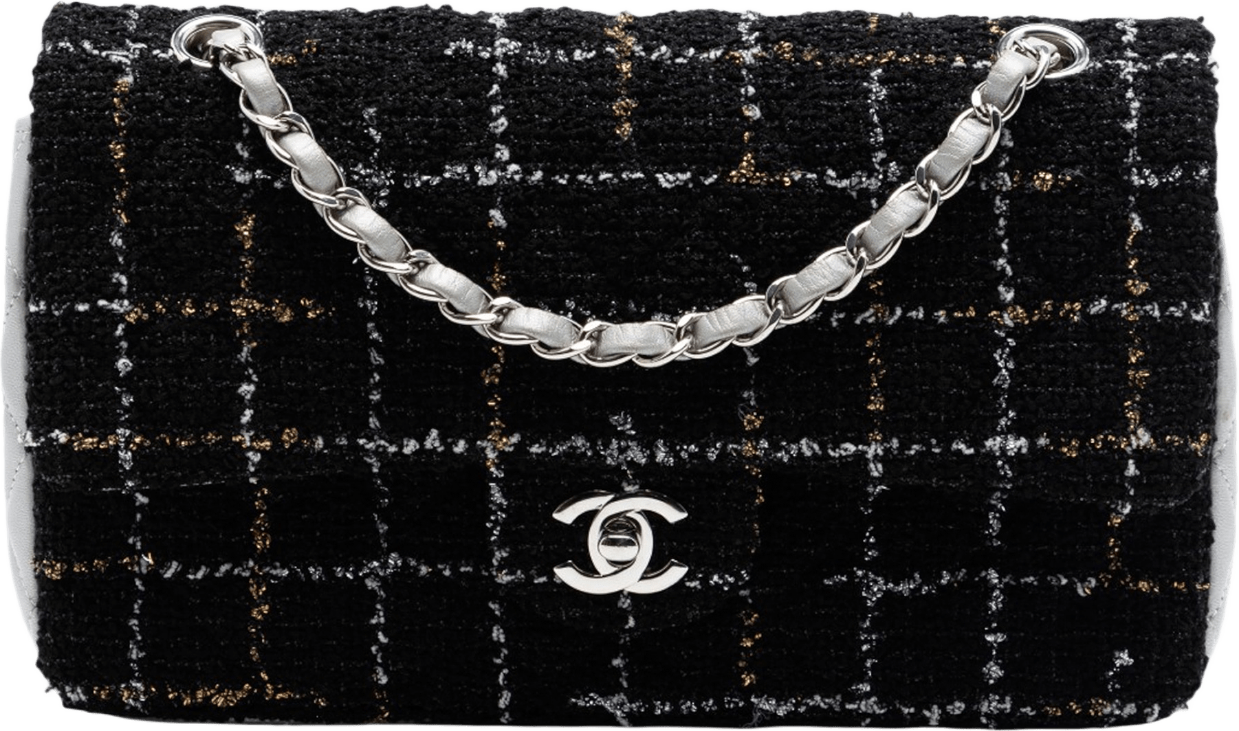 Chanel Medium Classic Quilted Tweed And Metallic Lambskin Double Flap, från Luxclusif, i färgen black.