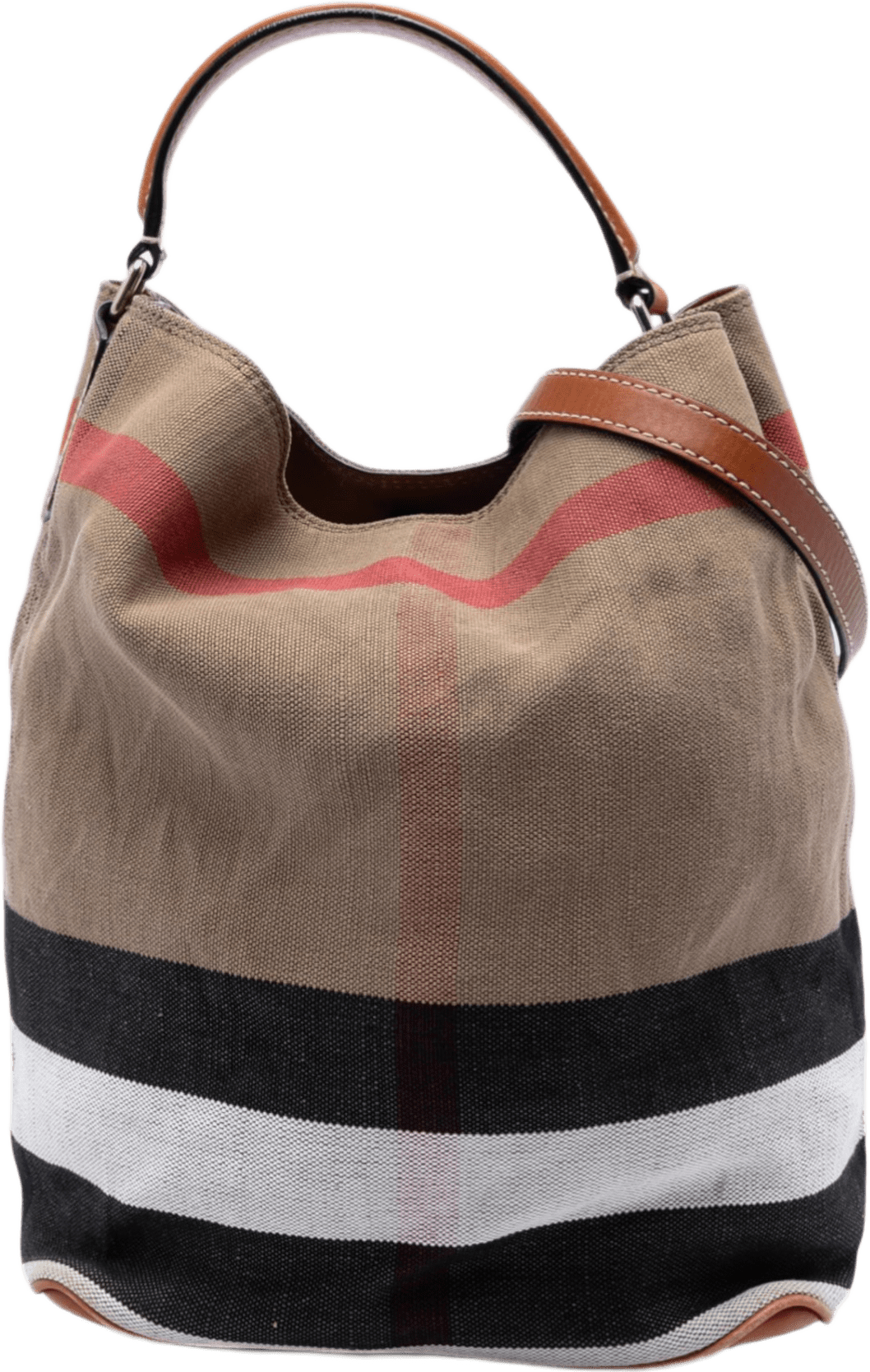 Burberry Medium Mega Check Canvas Ashby Bucket Bag, från Luxclusif, i färgen light brown.