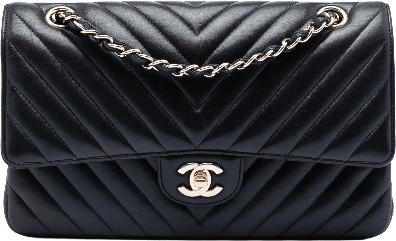 Chanel Medium Classic Chevron Lambskin Double Flap, från Luxclusif, i färgen black.