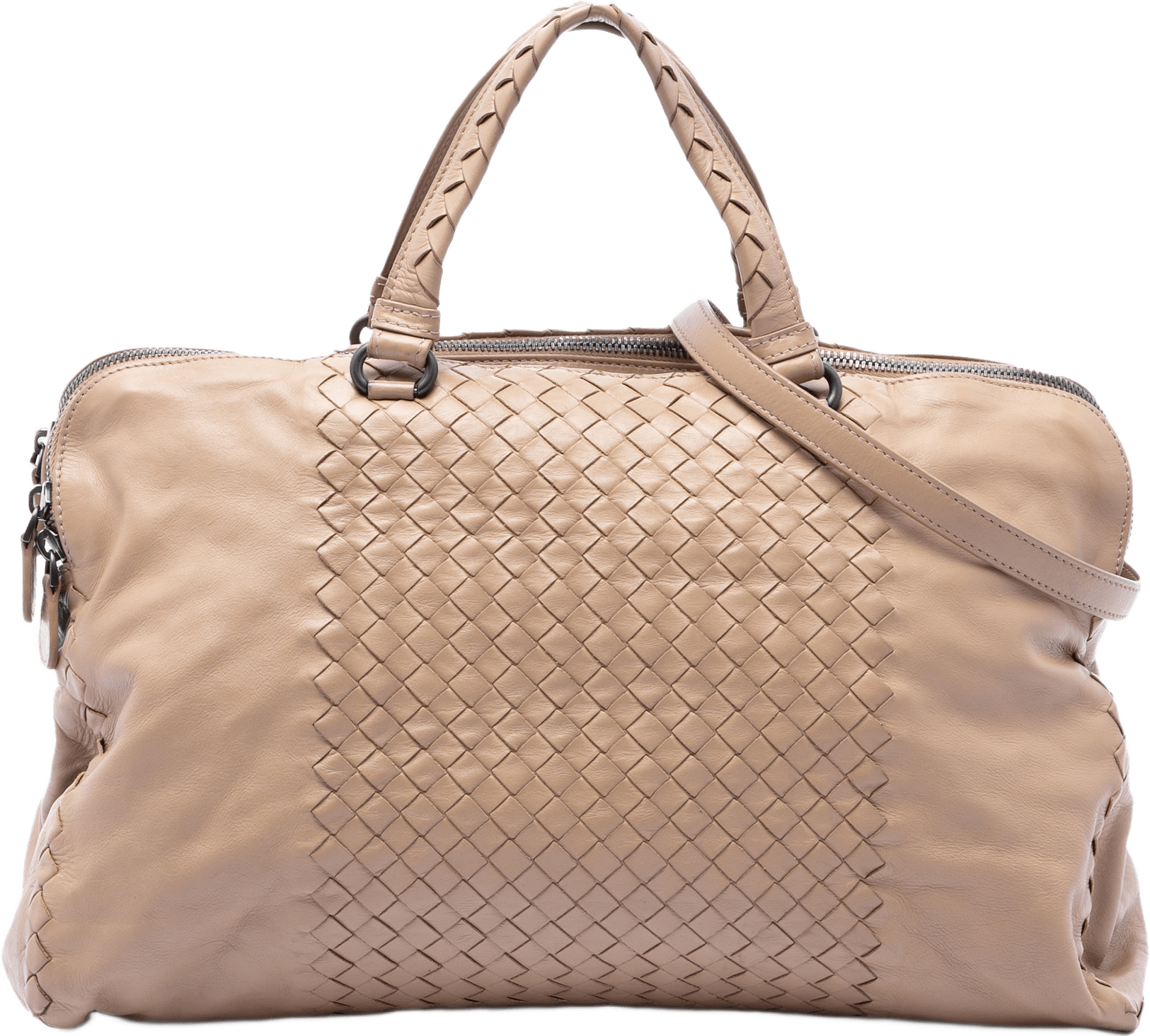 Bottega Veneta Large Nappa Intrecciato Leggero Satchel, från Luxclusif, i färgen beige.
