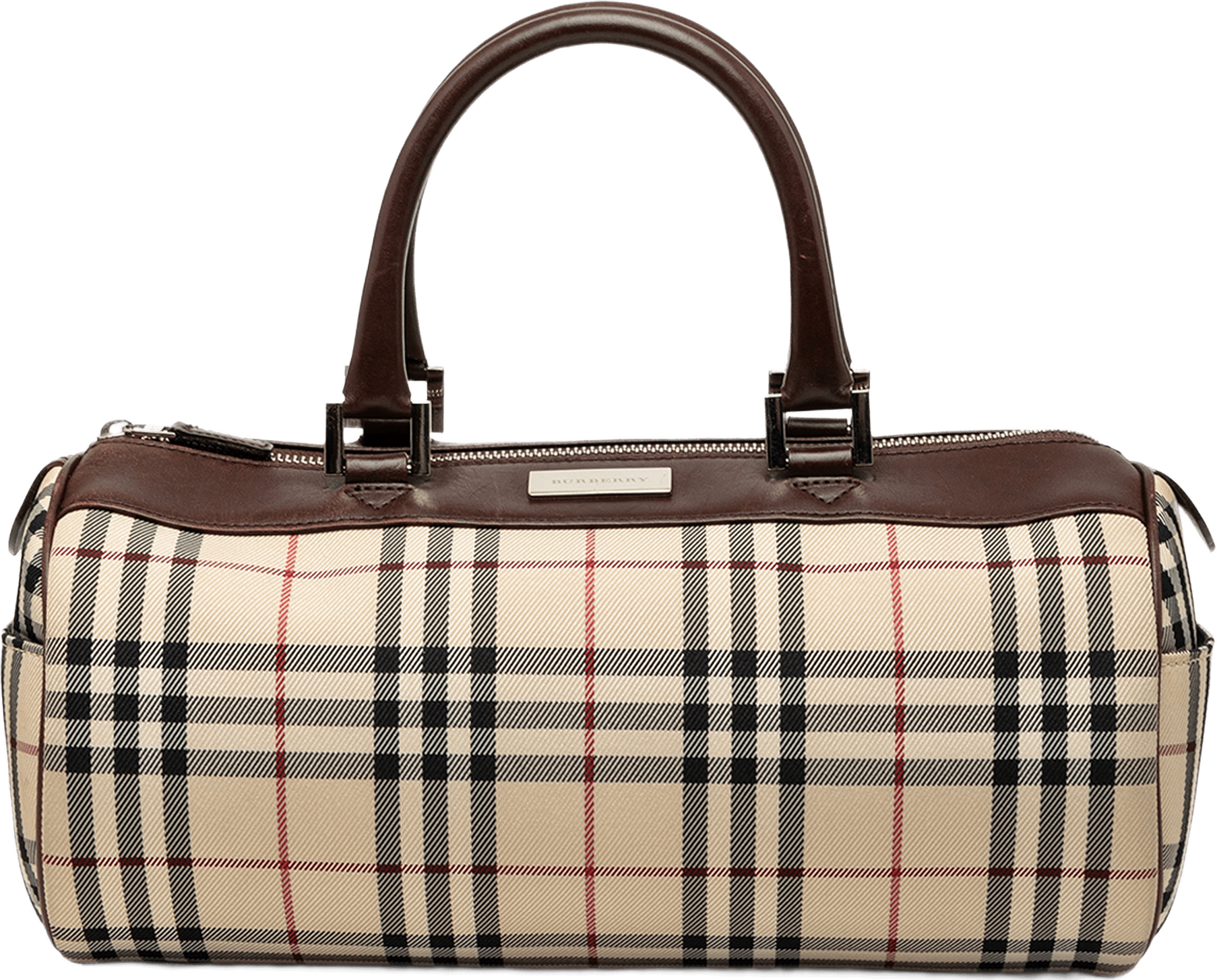 Burberry House Check Canvas Barrel Handbag, från Luxclusif, i färgen beige.