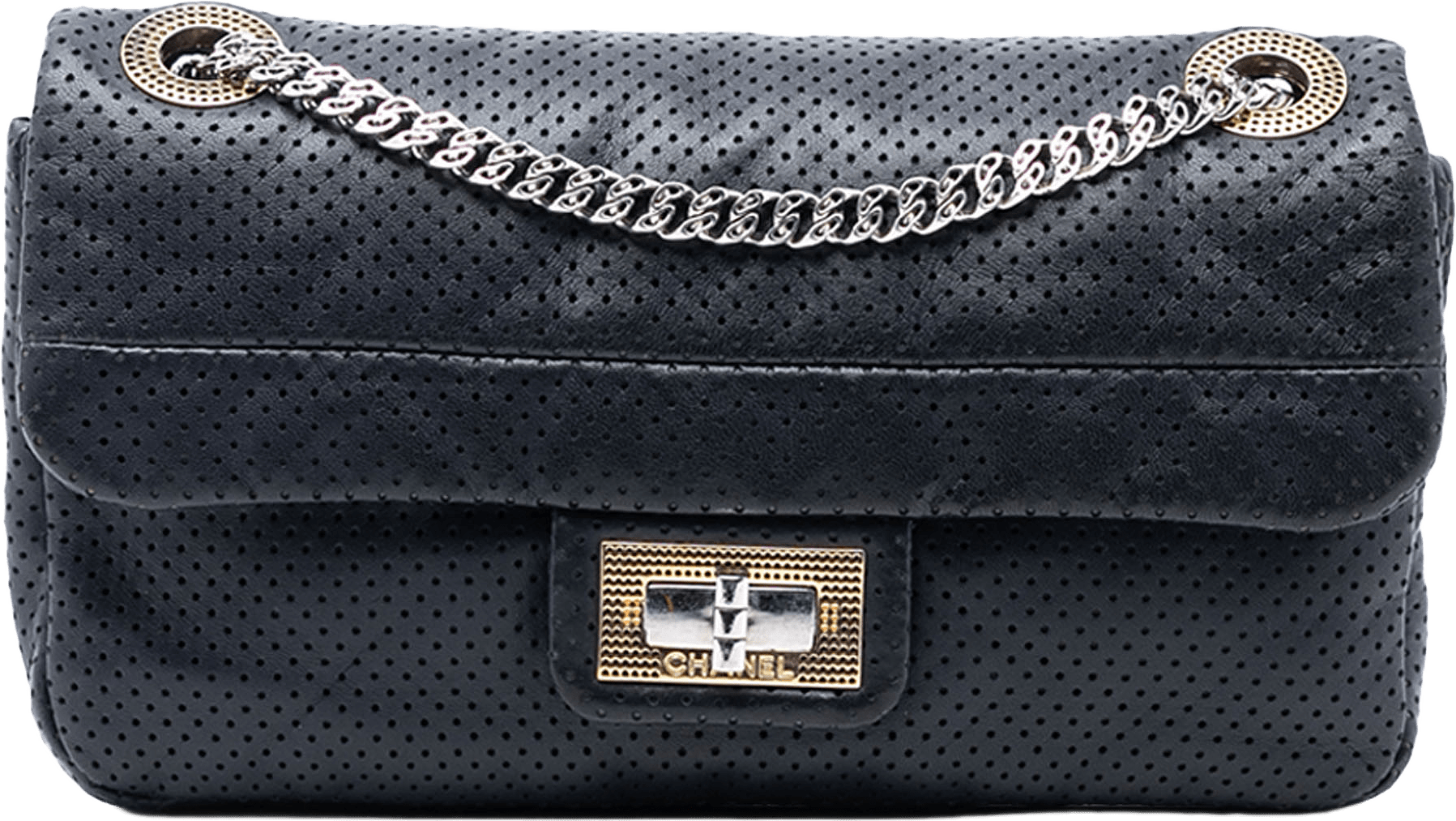 Chanel Small Reissue Perforated Calfskin Drill Flap, från Luxclusif, i färgen black.