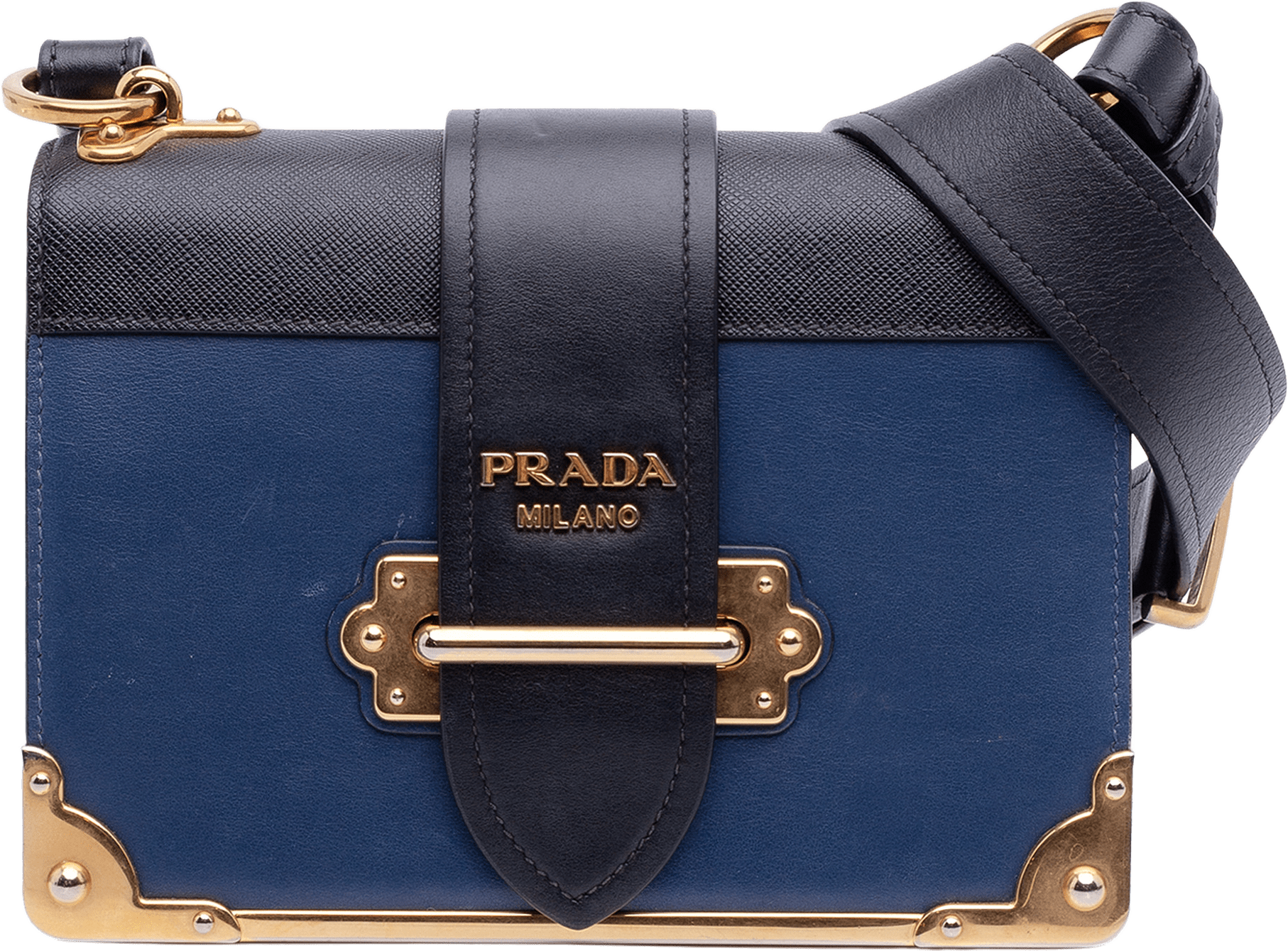 Prada Saffiano Trimmed City Calf Cahier Crossbody, från Luxclusif, i färgen blue.
