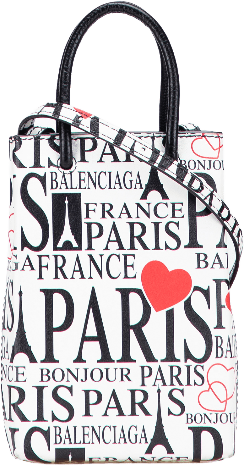 Balenciaga Mini Calfskin Bonjour Paris Shopping Phone Holder, från Luxclusif, i färgen white.