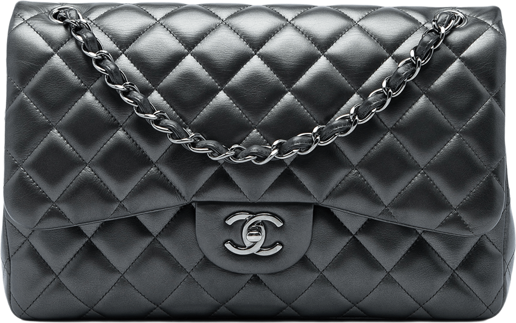 Chanel Jumbo Classic Metallic Lambskin Double Flap, från Luxclusif, i färgen grå.