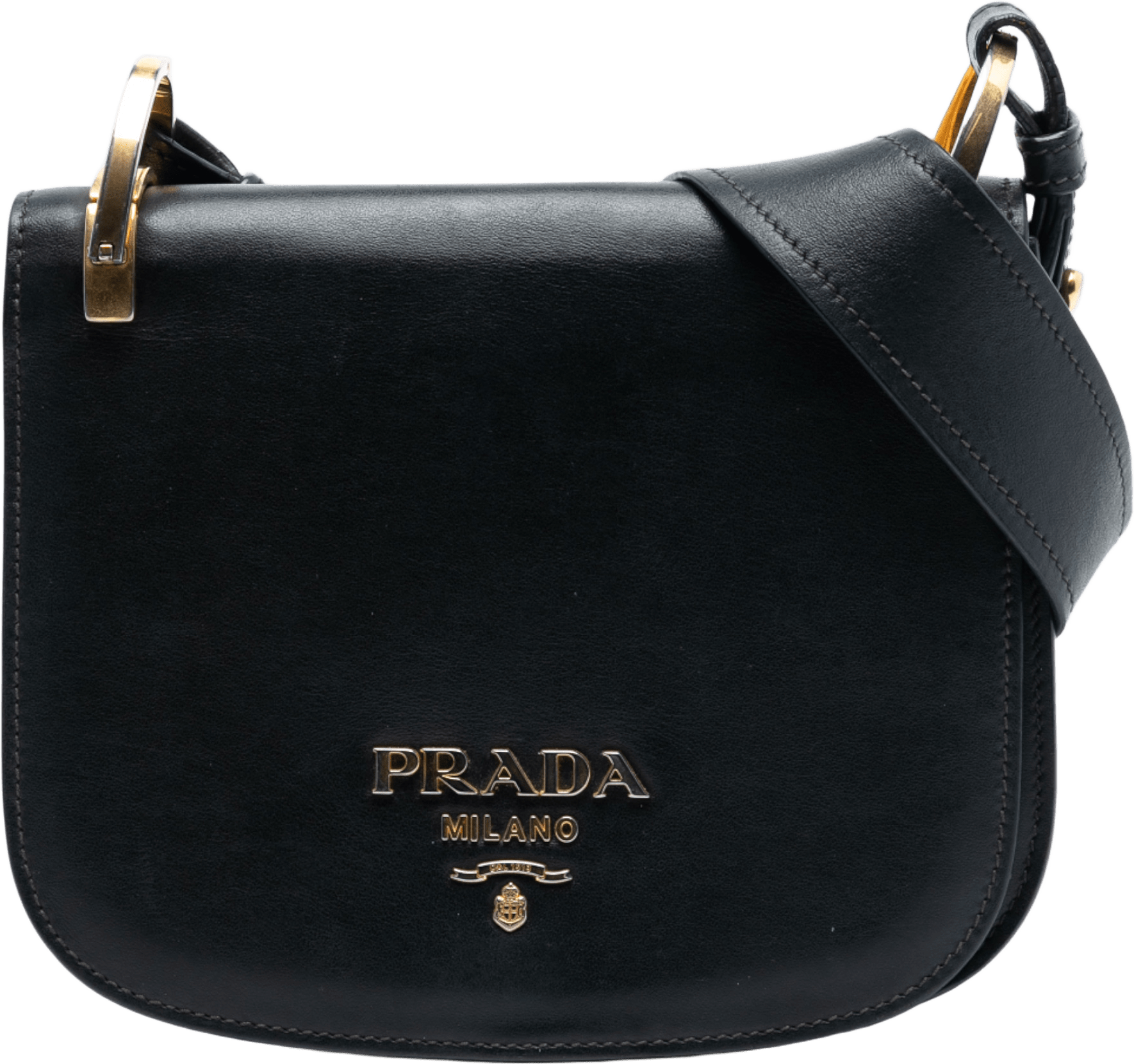 Prada City Calf Pionniere Saddle Bag, från Luxclusif, i färgen black.