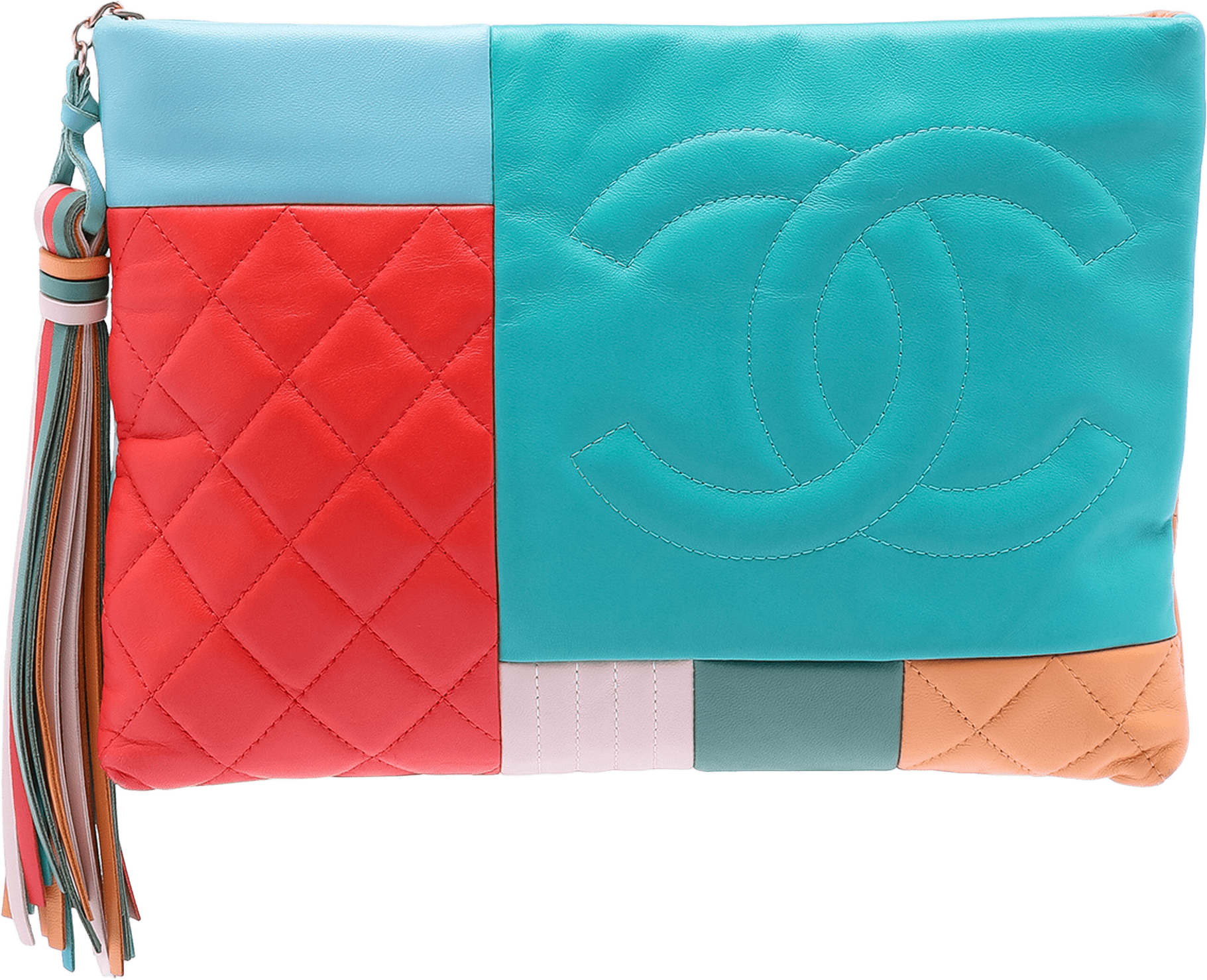 Chanel Medium Lambskin Colorblock Patchwork O Case, från Luxclusif, i färgen turquoise.