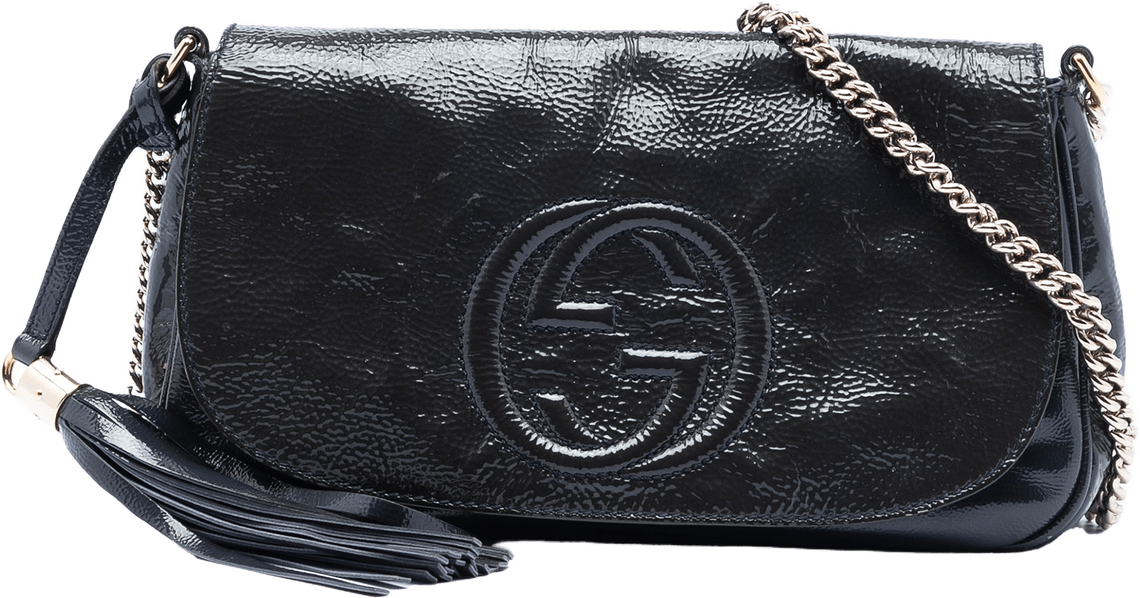 Gucci Medium Patent Soho Chain Flap Crossbody, från Luxclusif, i färgen navy.