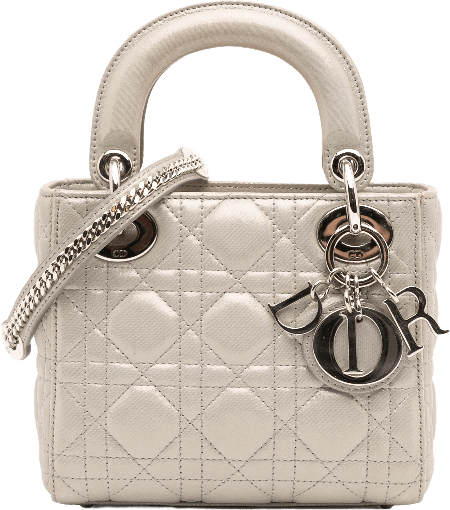 Dior Mini Iridescent Lambskin Cannage Lady Dior, från Luxclusif, i färgen silver.