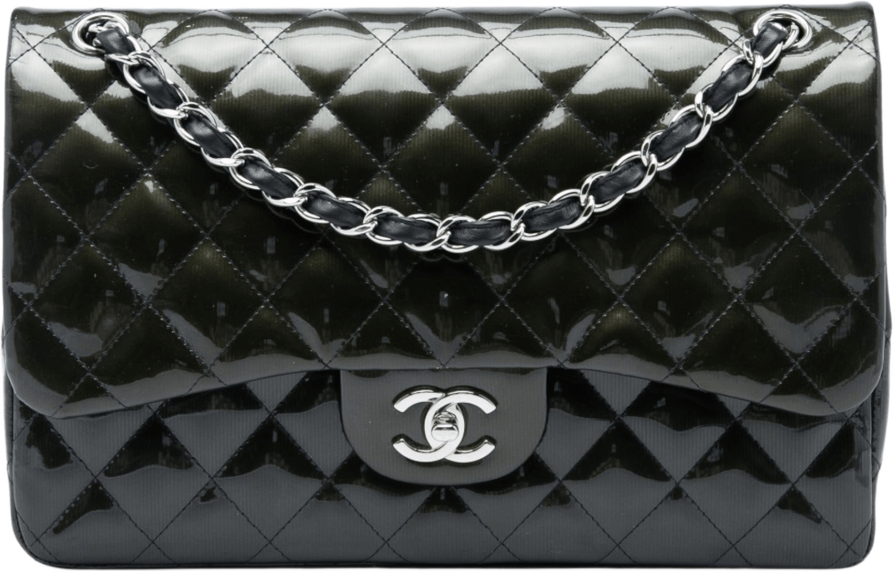 Chanel Jumbo Classic Striated Patent Double Flap, från Luxclusif, i färgen grön.