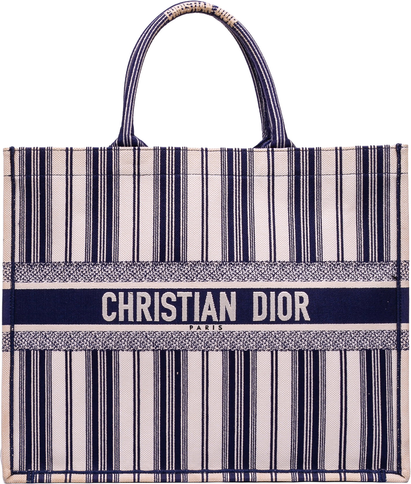 Dior Large Canvas Striped Book Tote, från Luxclusif, i färgen navy.