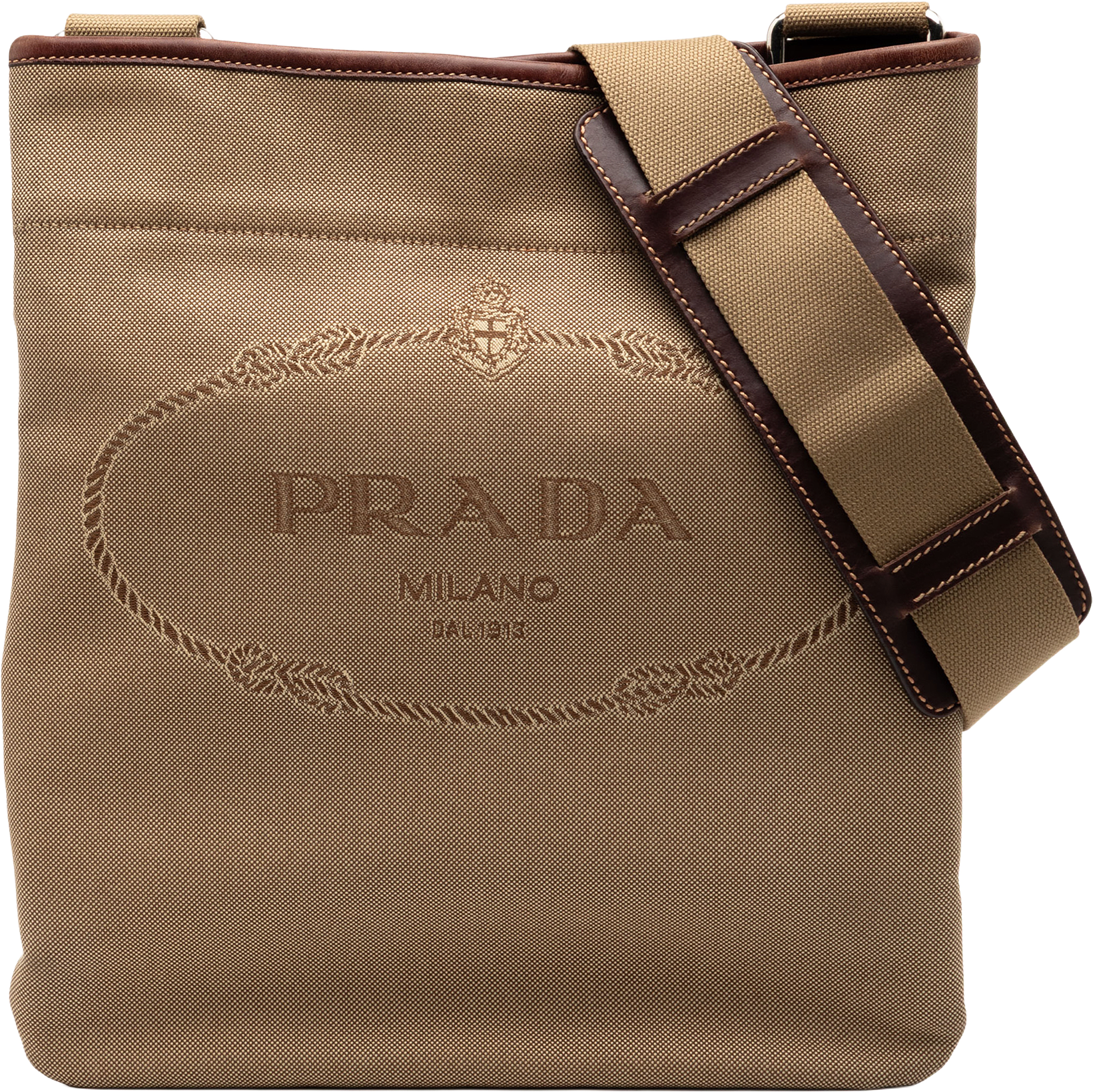 Prada Canvas Canapa Logo Crossbody, från Luxclusif, i färgen beige.