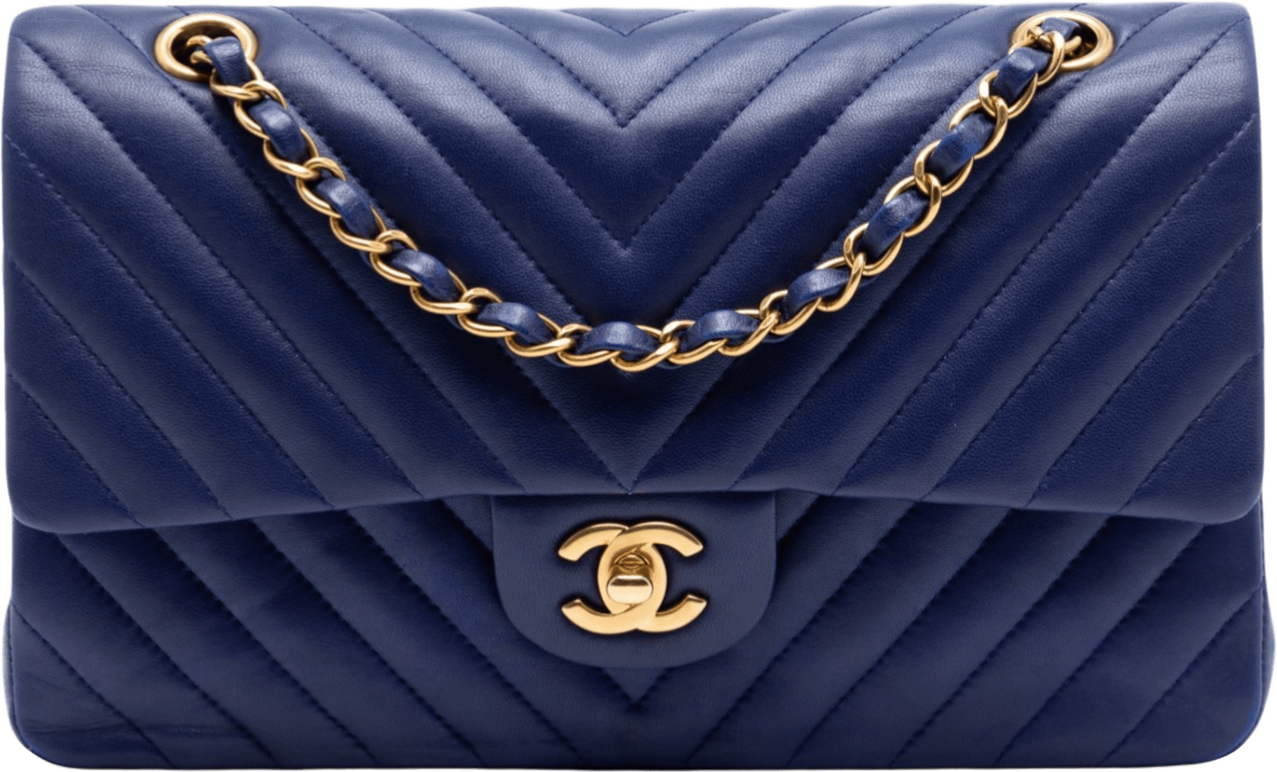 Chanel Medium Classic Chevron Lambskin Double Flap, från Luxclusif, i färgen blue.