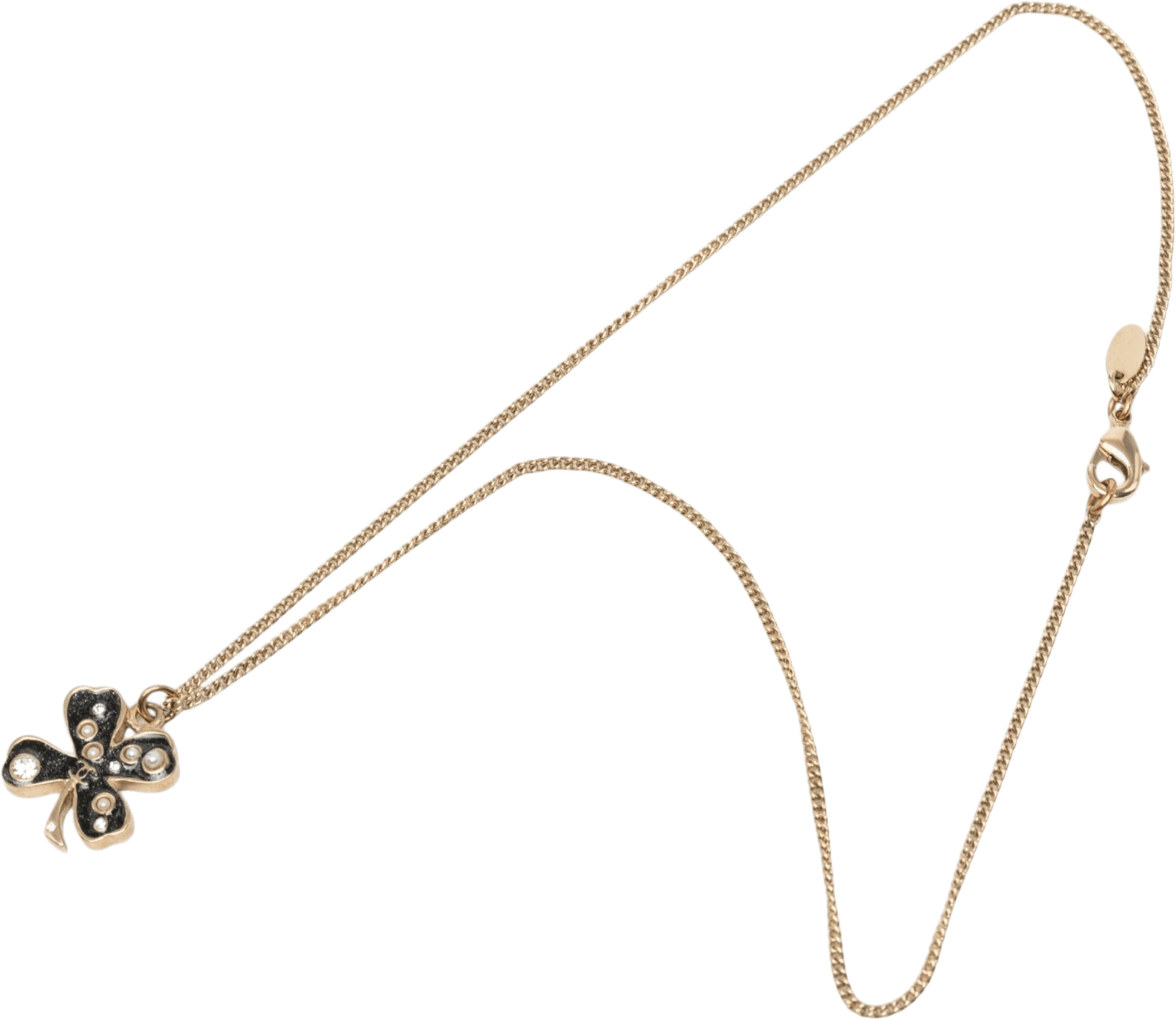Chanel Cc Gold Plated And Enamel Strass Faux Pearl Clover Pendant Necklace, från Luxclusif, i färgen svart.