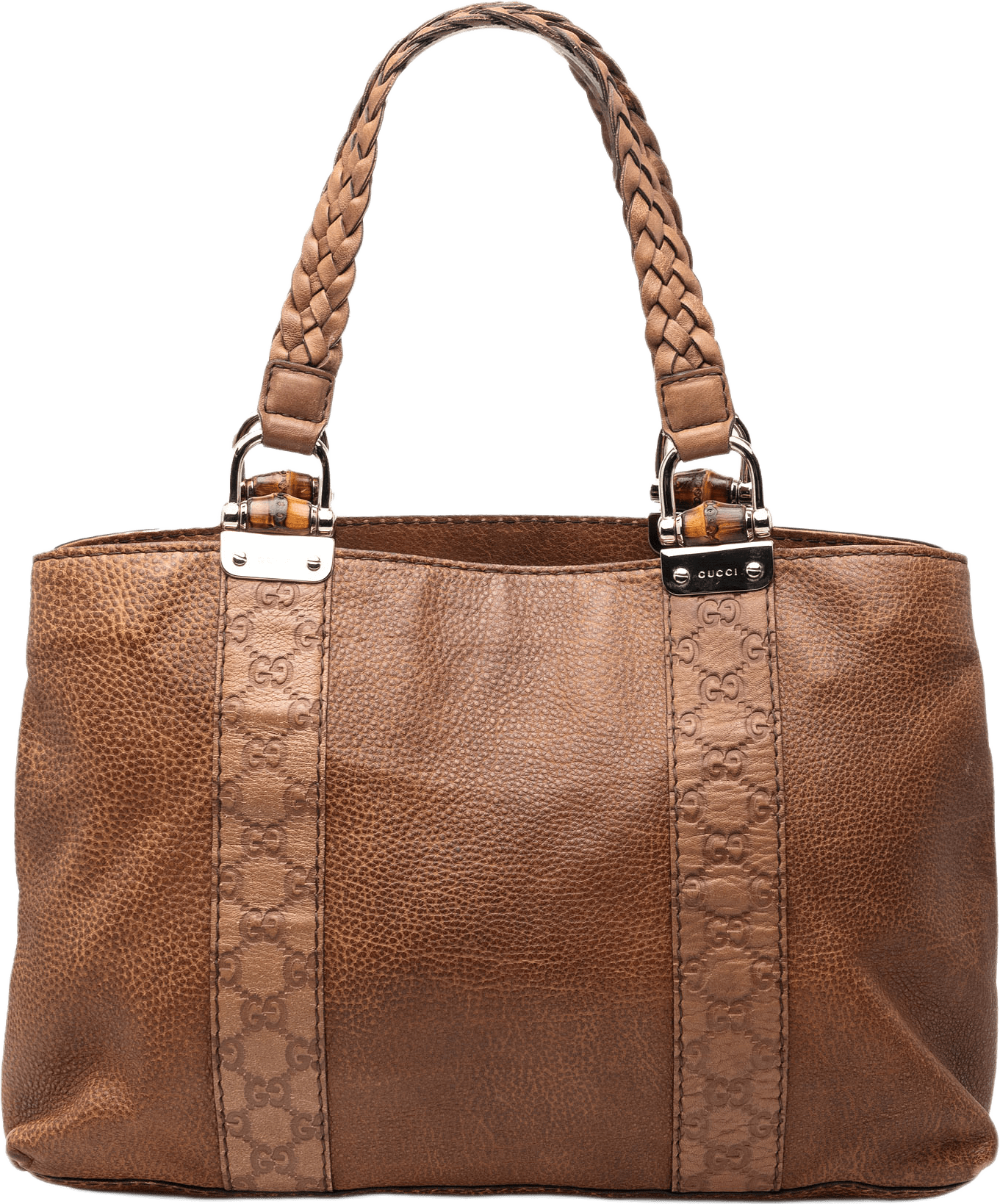 Gucci Medium Guccissima Trimmed Calfskin Bamboo Libeccio Tote, från Luxclusif, i färgen brun.
