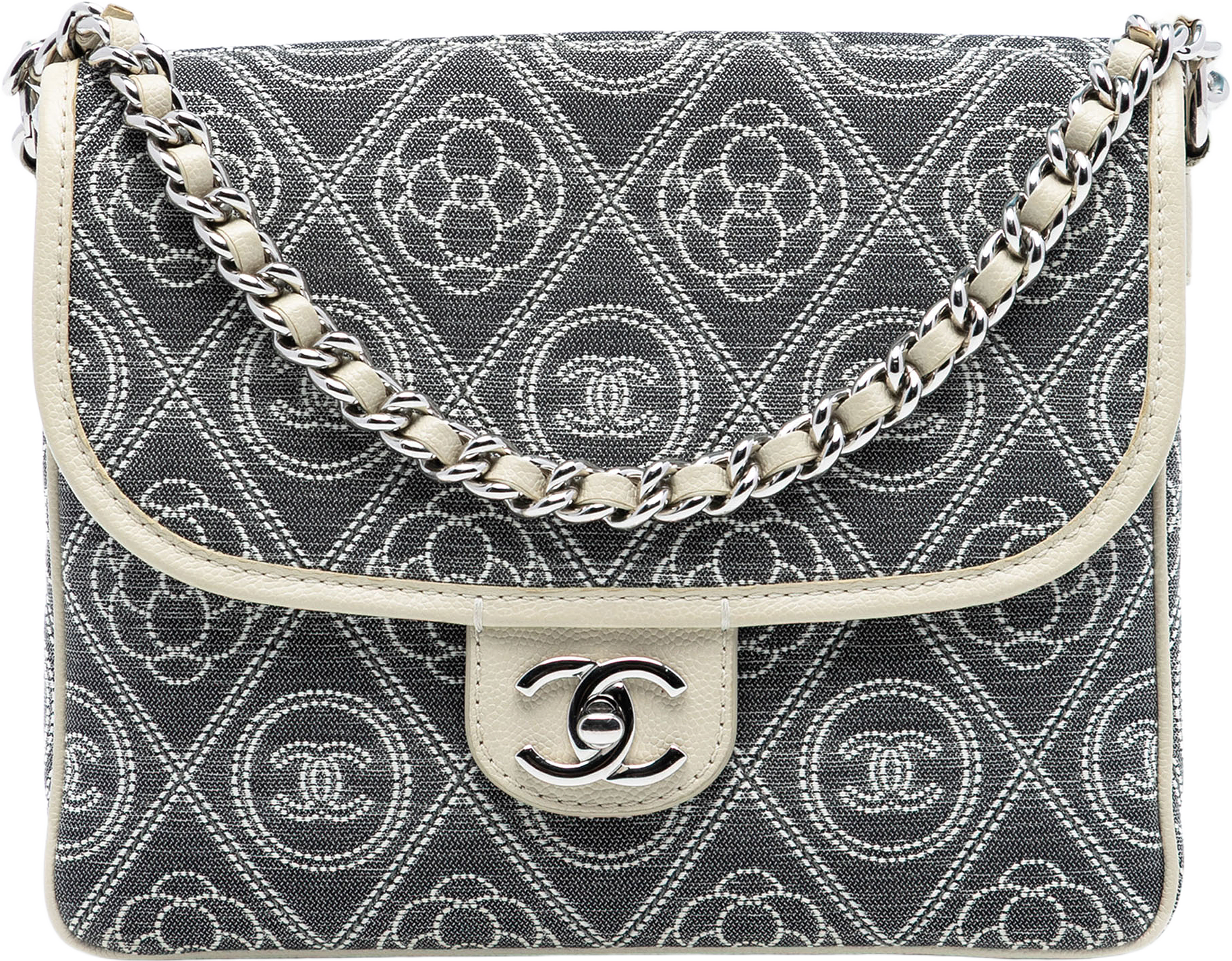 Chanel Camellia Printed Canvas Double Side Flap, från Luxclusif, i färgen gray.