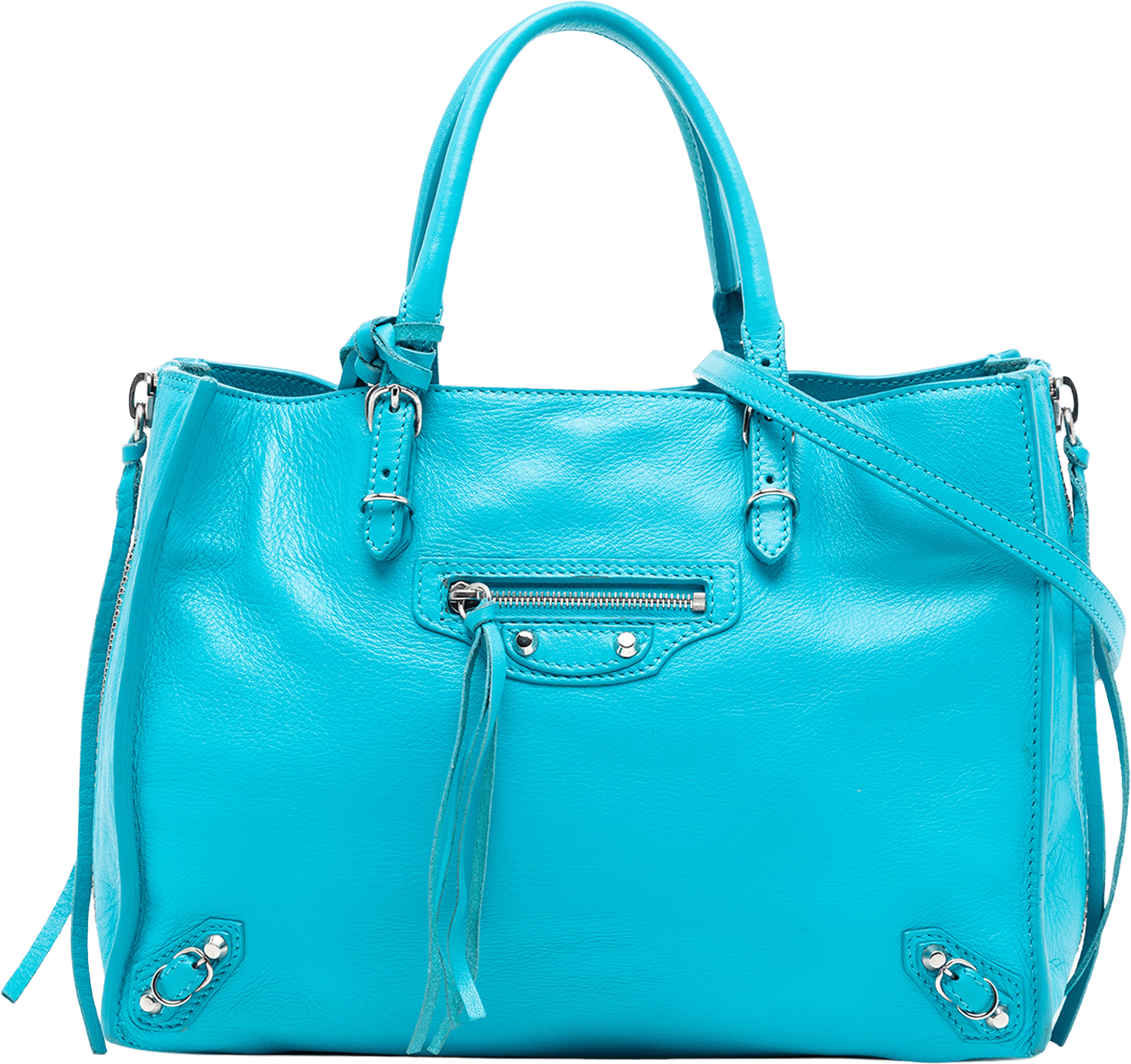 Balenciaga Mini Leather Papier A6 Zip-around Satchel, från Luxclusif, i färgen turquoise.