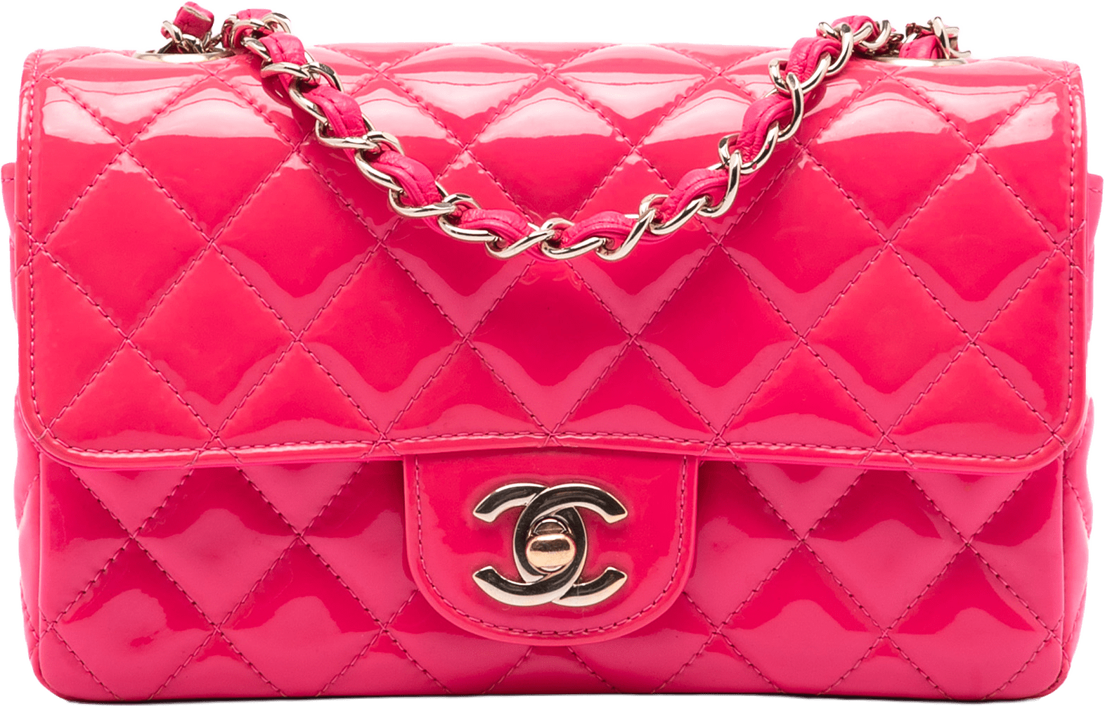 Chanel Mini Rectangular Classic Patent Single Flap, från Luxclusif, i färgen hot pink.