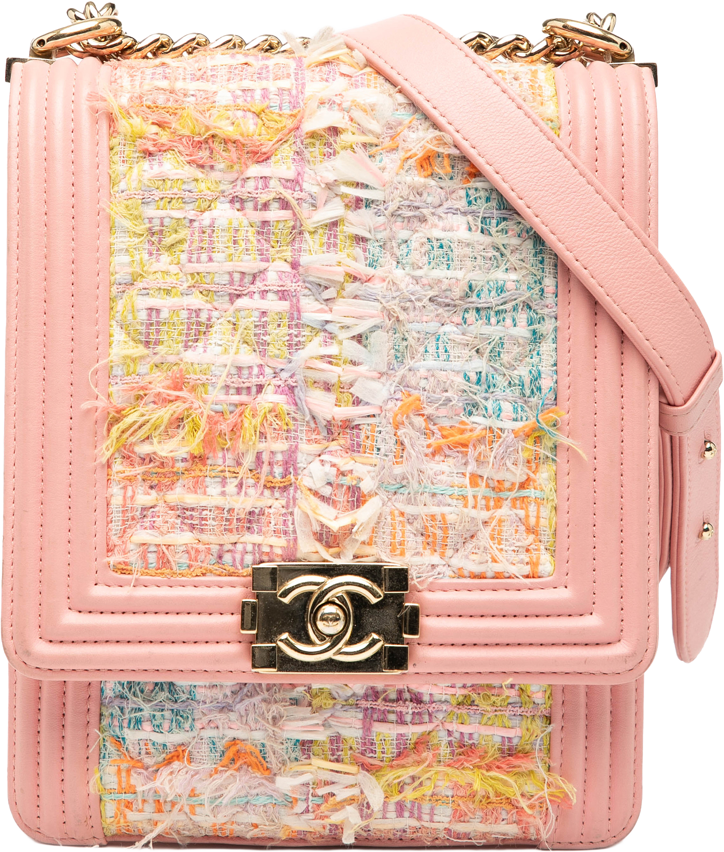 Chanel Quilted Tweed And Calfskin North South Boy Flap, från Luxclusif, i färgen light pink.