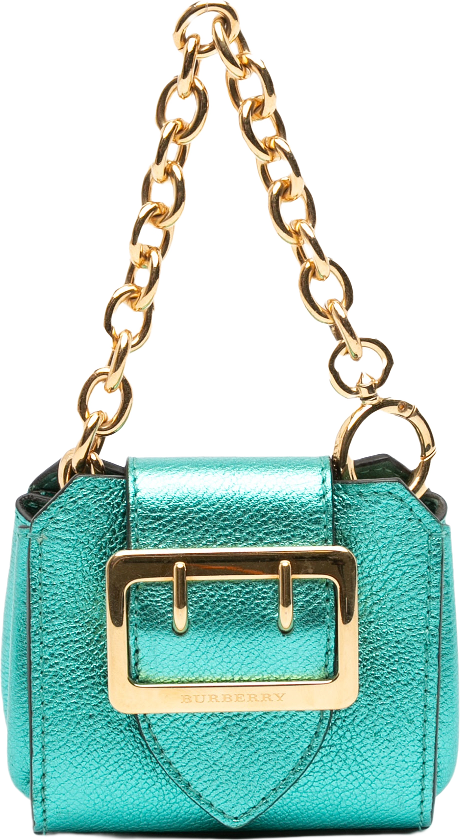 Burberry Mini Metallic Calfskin Buckle Charm Handbag, från Luxclusif, i färgen green.