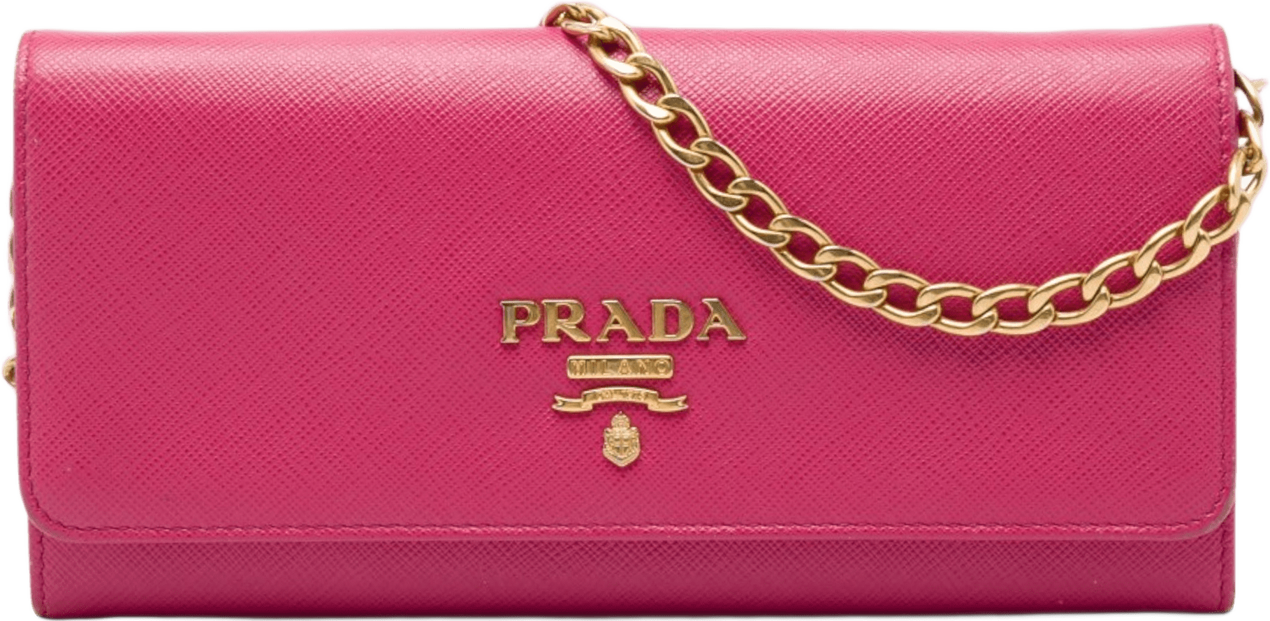 Prada Saffiano Lux Wallet On Chain, från Luxclusif, i färgen rosa.