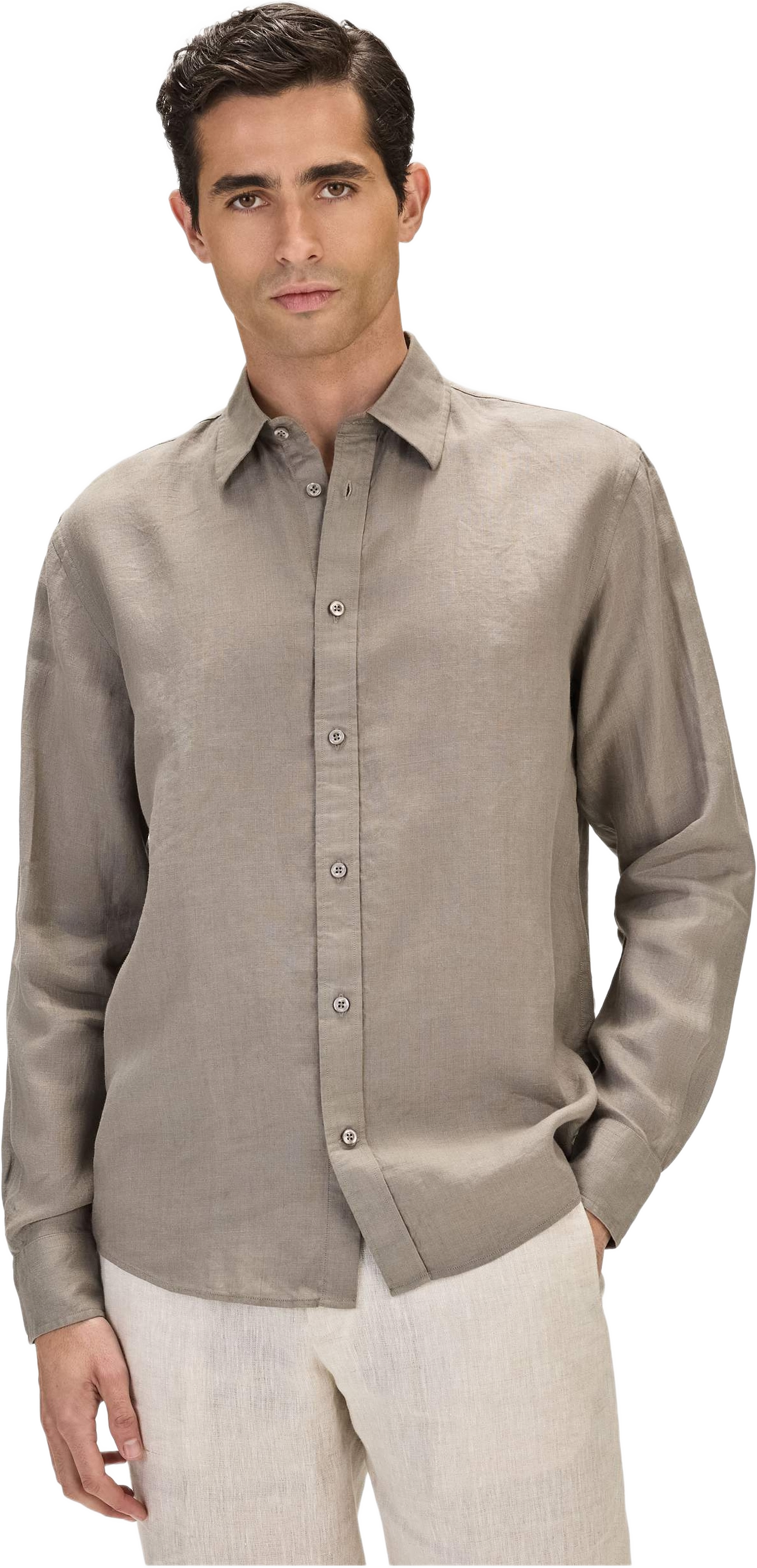 Casual Linen Shirt Solid Pointed Collar, från John Henric, i färgen green.